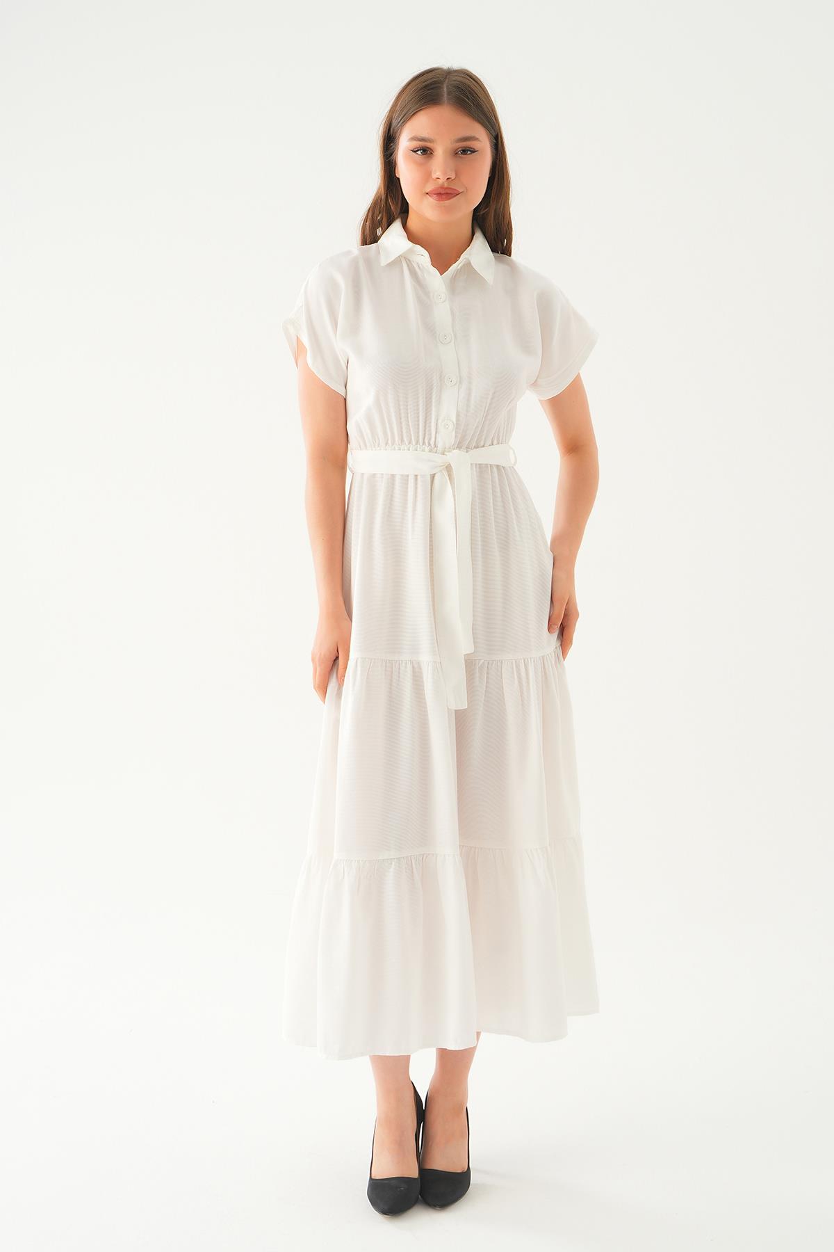 Beyaz Bel Kuşak Detay Uzun Elbise 2630 - 6