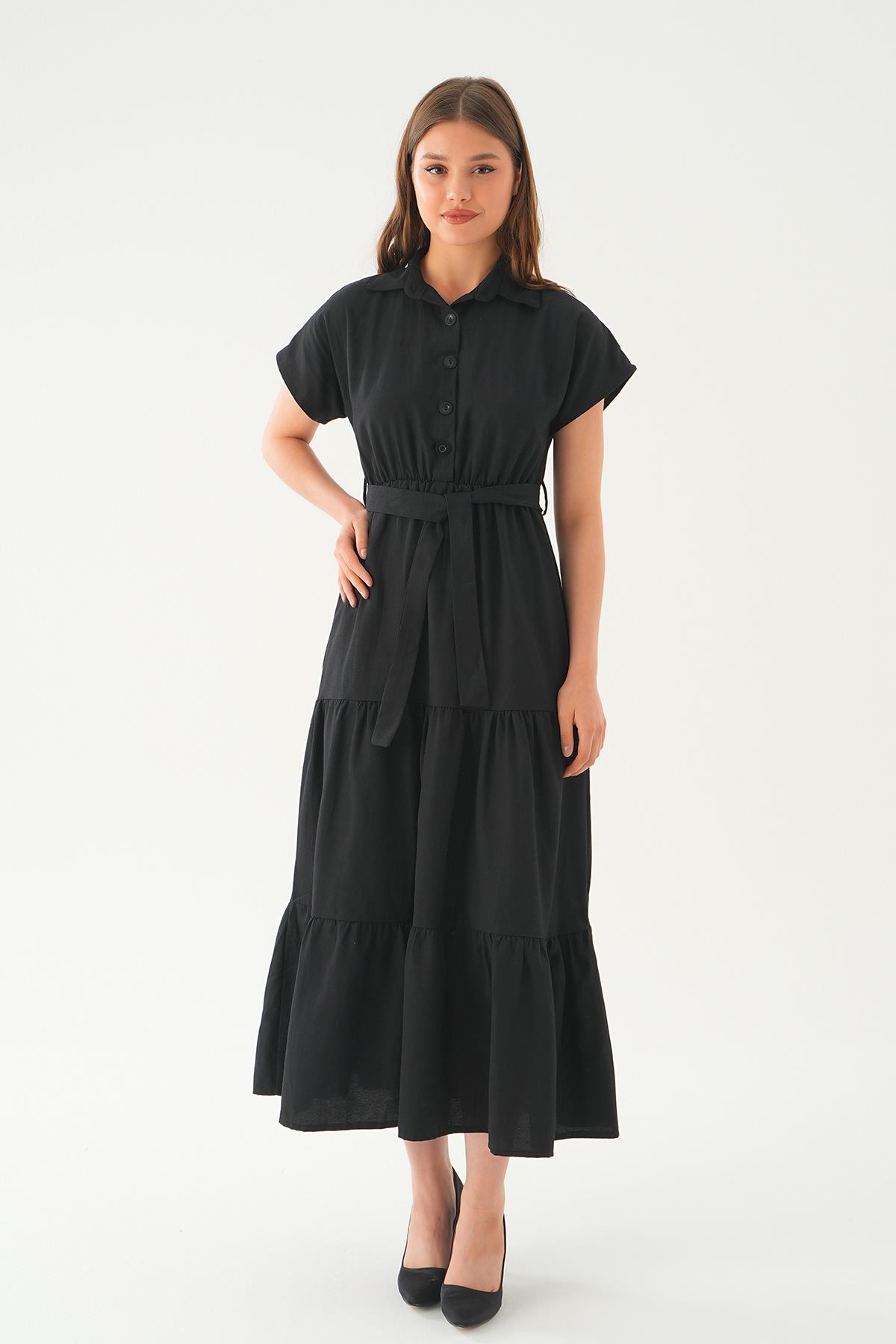 2630 Bel Kuşak Detay Uzun Elbise Siyah 