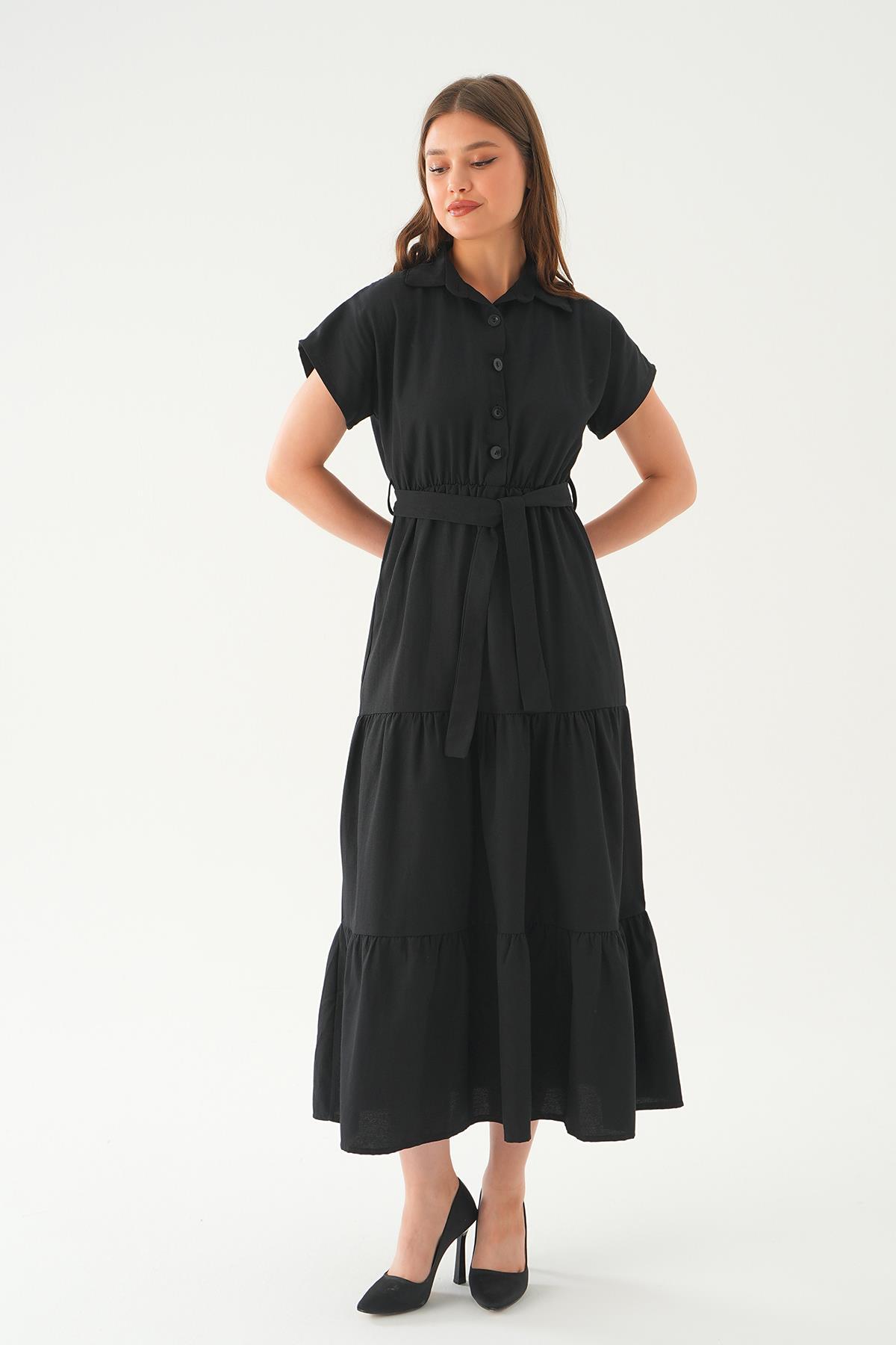 Siyah Bel Kuşak Detay Uzun Elbise 2630 - 2