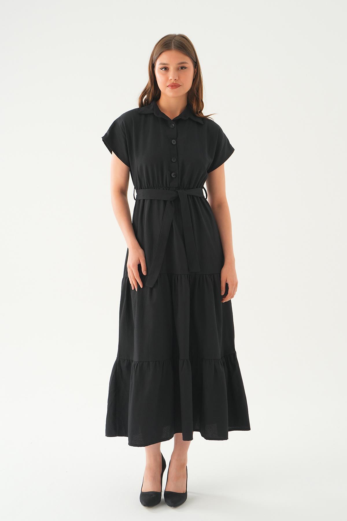 Siyah Bel Kuşak Detay Uzun Elbise 2630 - 3