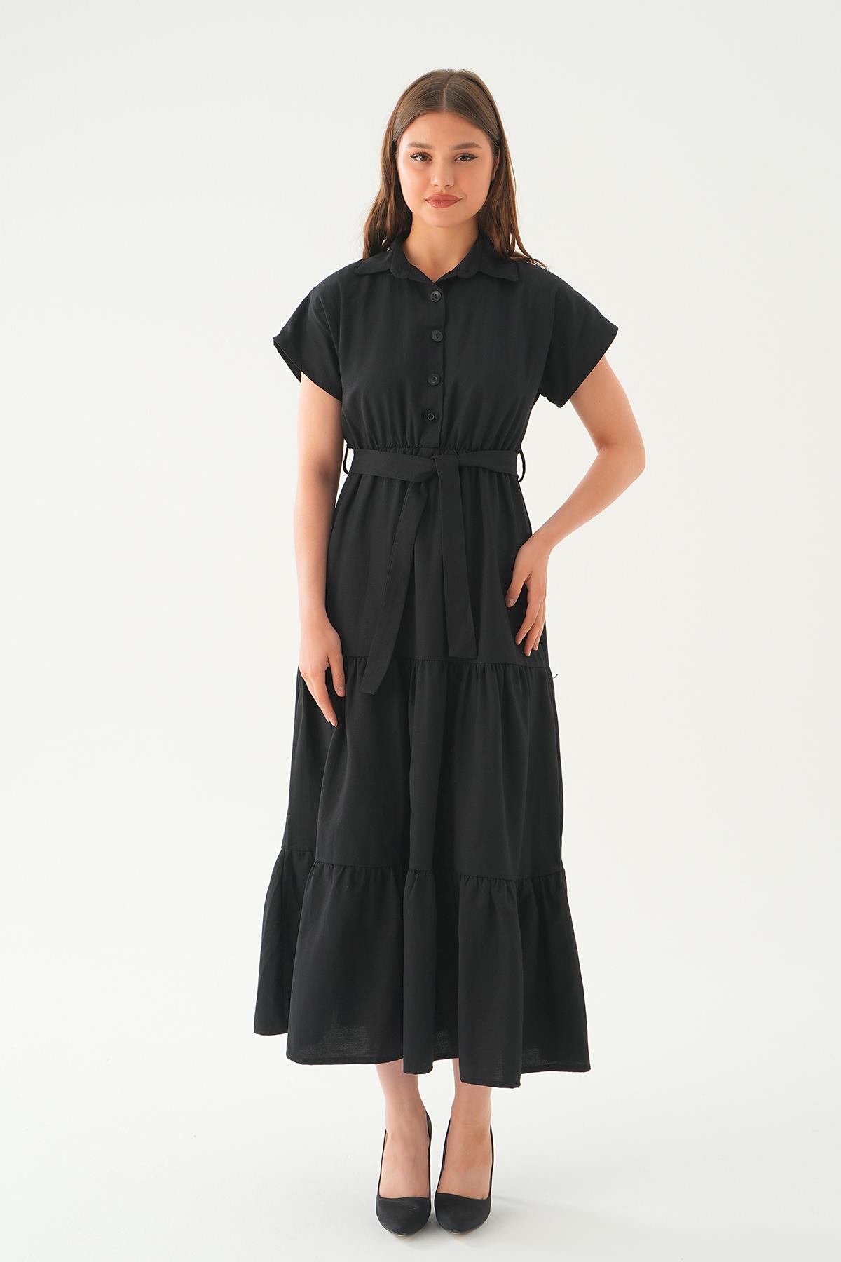 Siyah Bel Kuşak Detay Uzun Elbise 2630 - 6