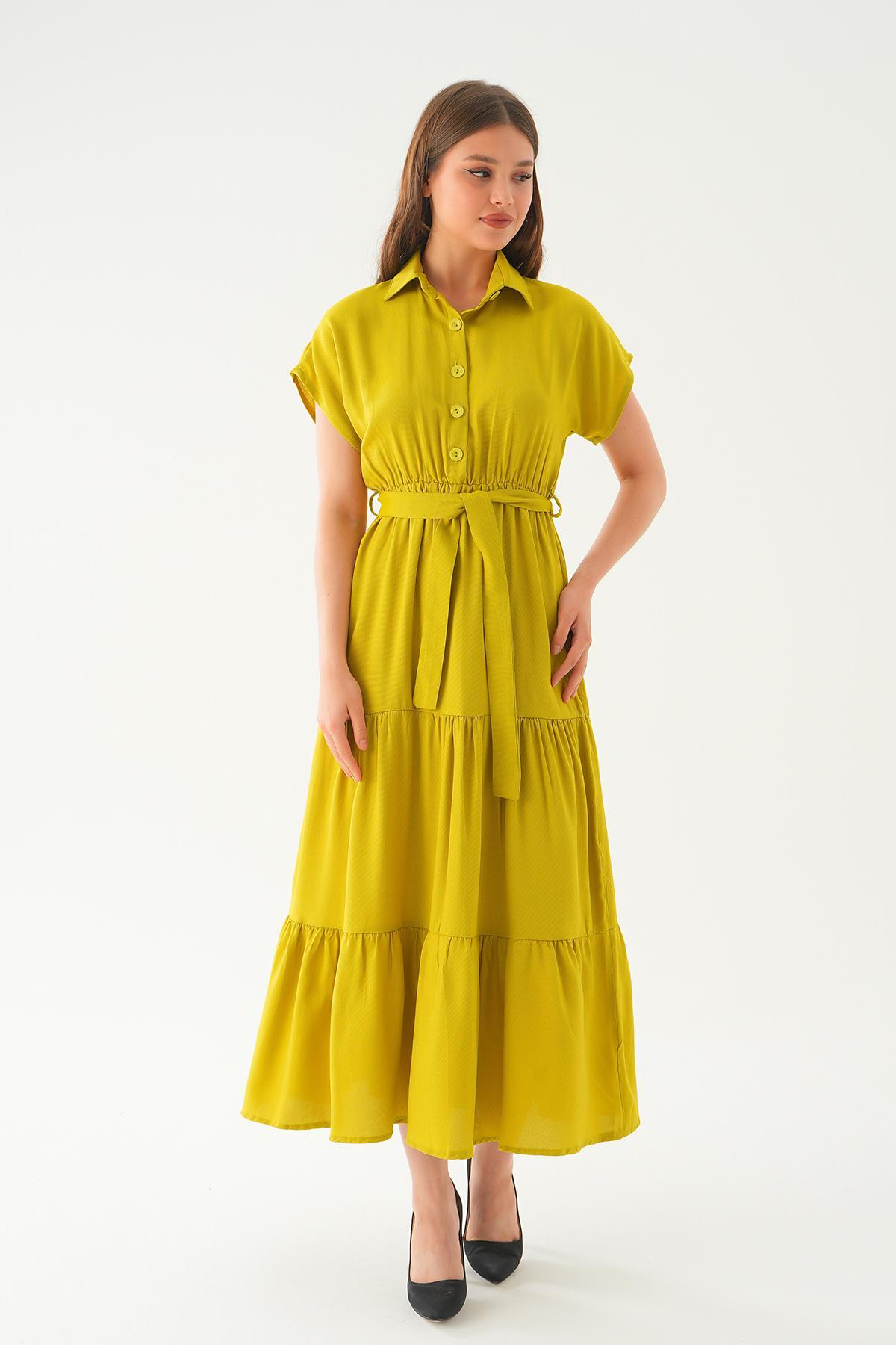 Yağ Yeşili Bel Kuşak Detay Uzun Elbise 2630 - 2