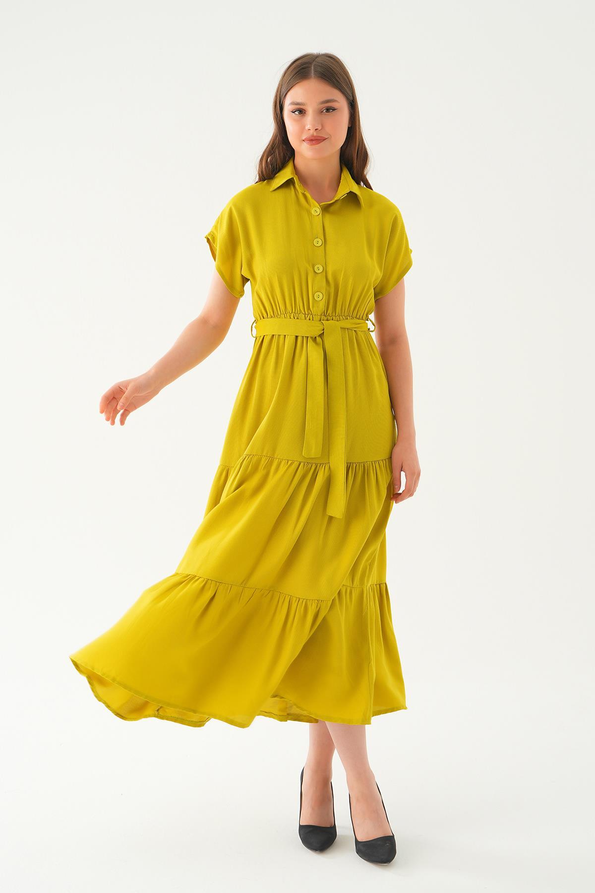 Yağ Yeşili Bel Kuşak Detay Uzun Elbise 2630 - 4