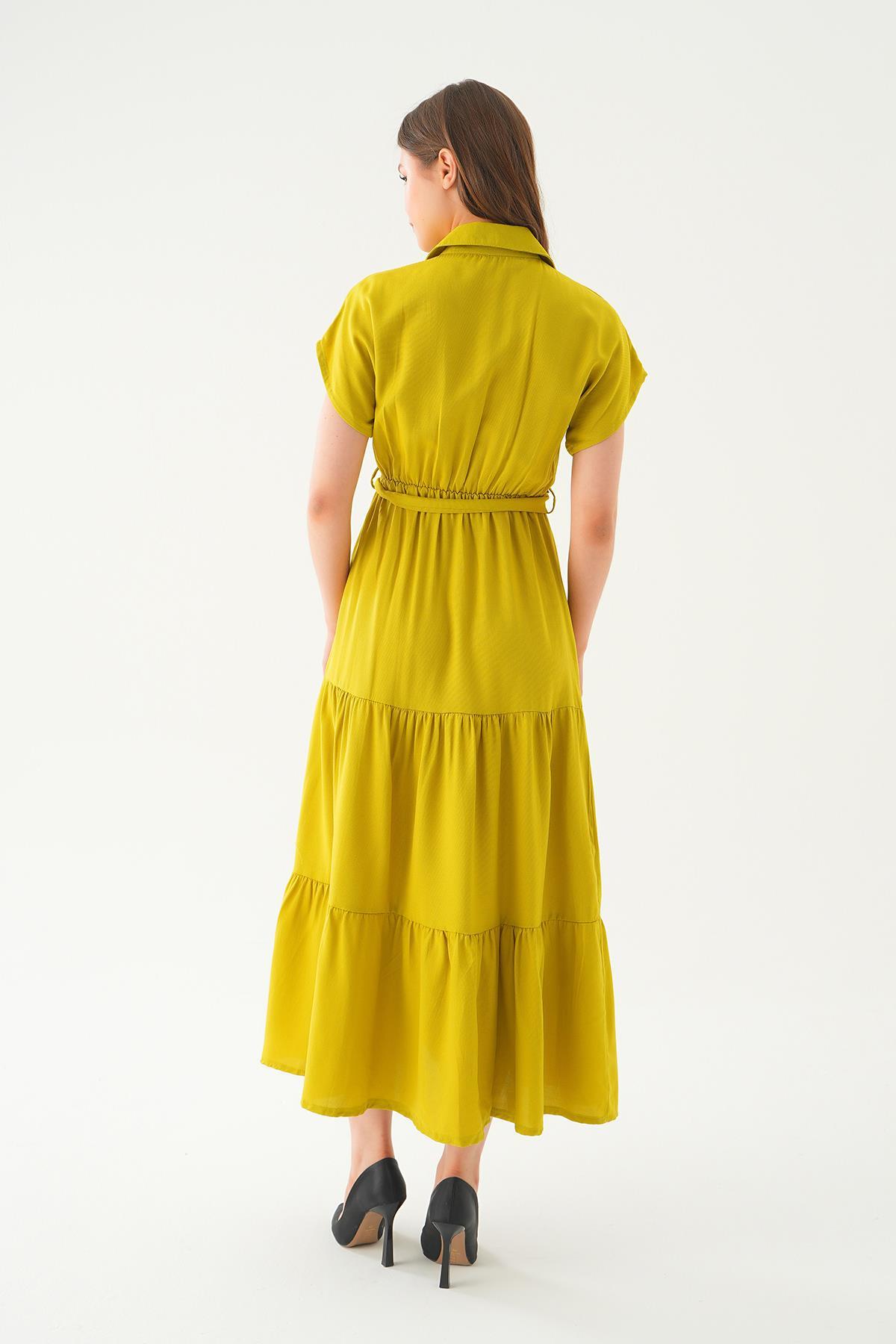 Yağ Yeşili Bel Kuşak Detay Uzun Elbise 2630 - 6