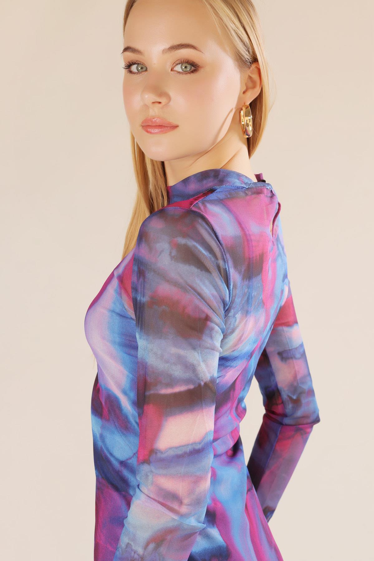 101151 Dijital Baskı Elbise Mor - 7