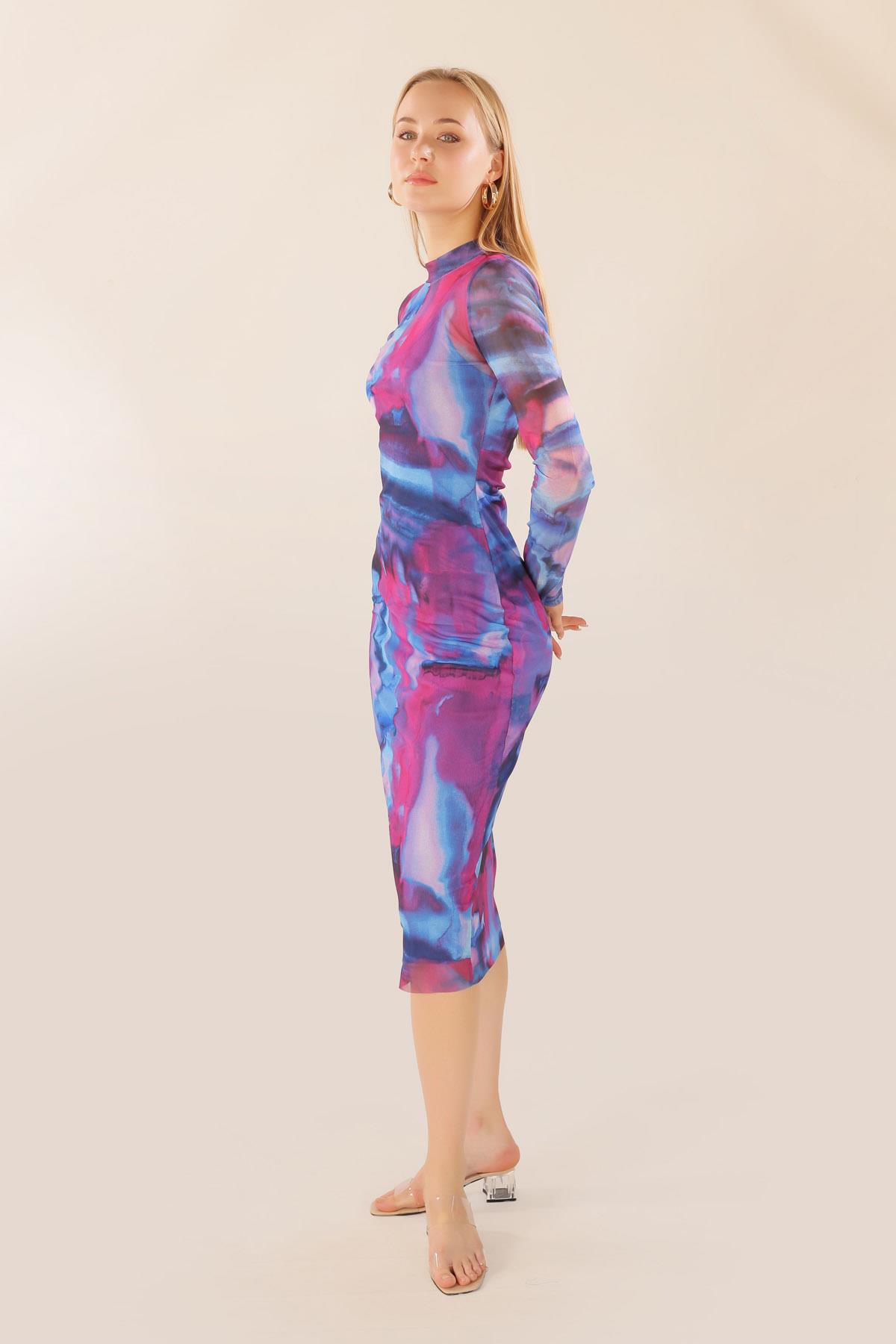 Mor Dijital Baskı Elbise 101151 - 5