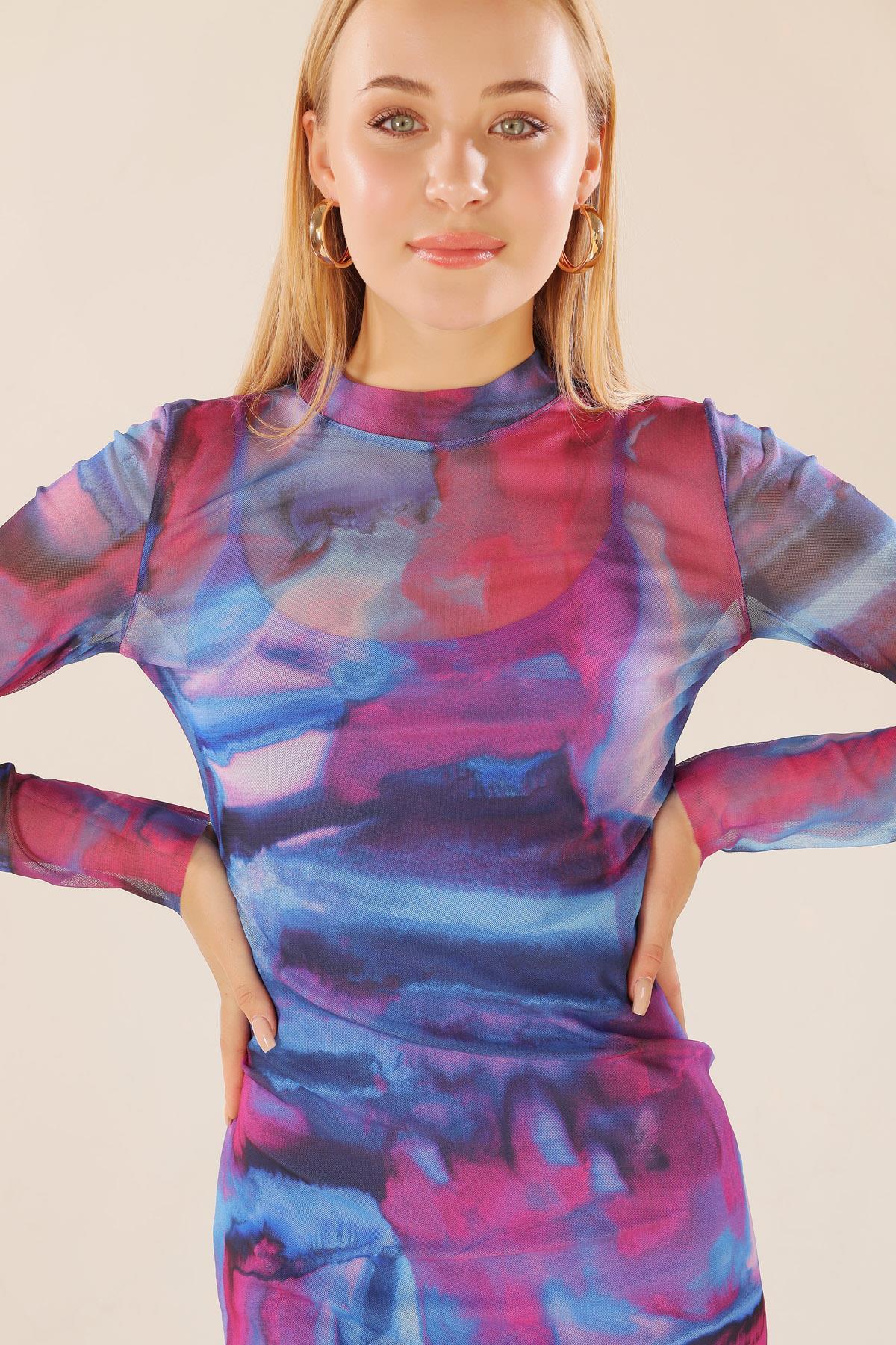 Mor Dijital Baskı Elbise 101151 - 6