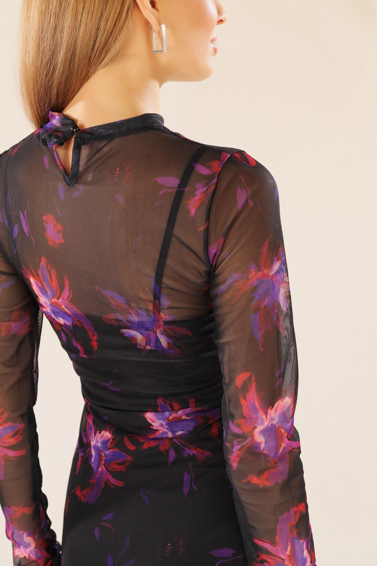 101151 Dijital Baskı Elbise Siyah - 4