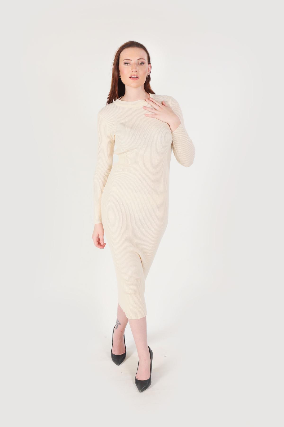 Ekru Fitilli Triko Elbise 2631 - 2