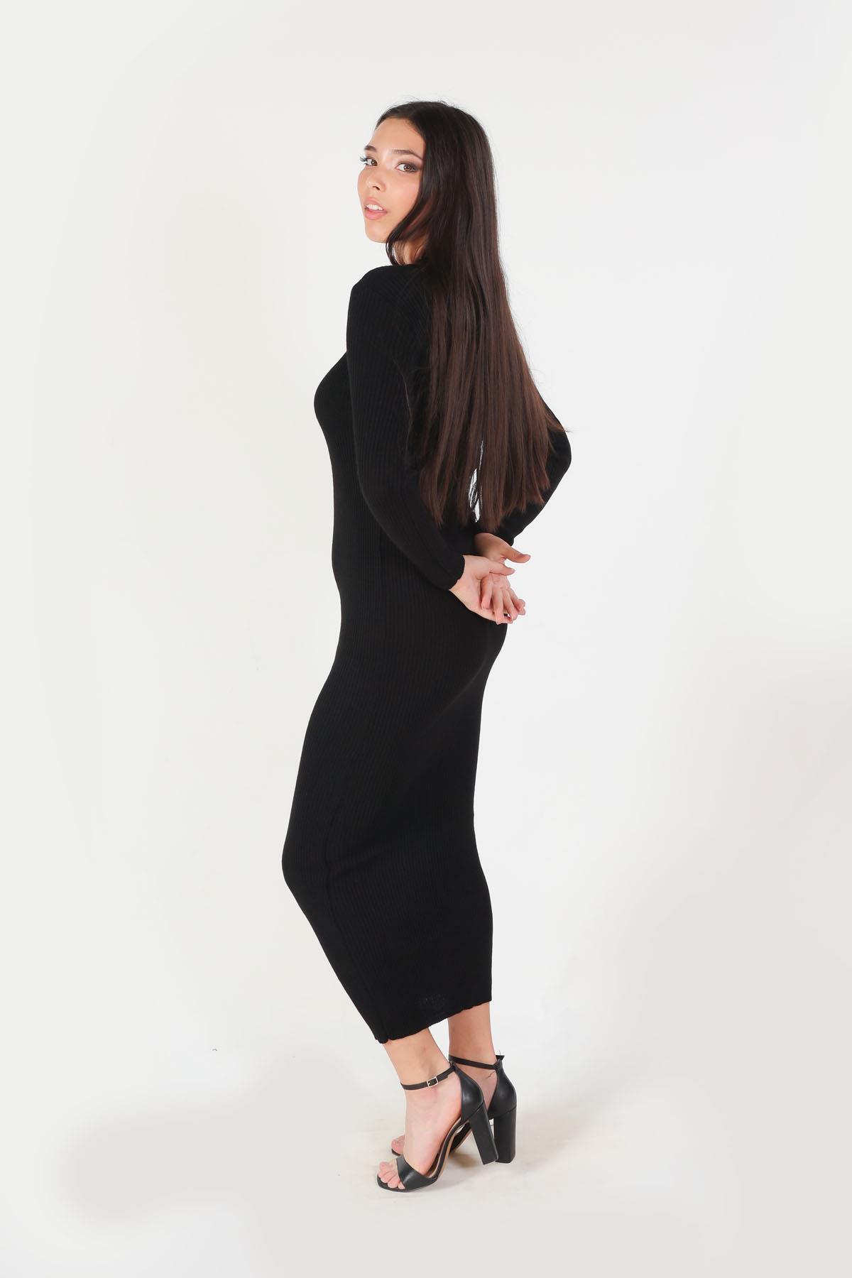 Siyah Fitilli Triko Elbise 2631 - 3