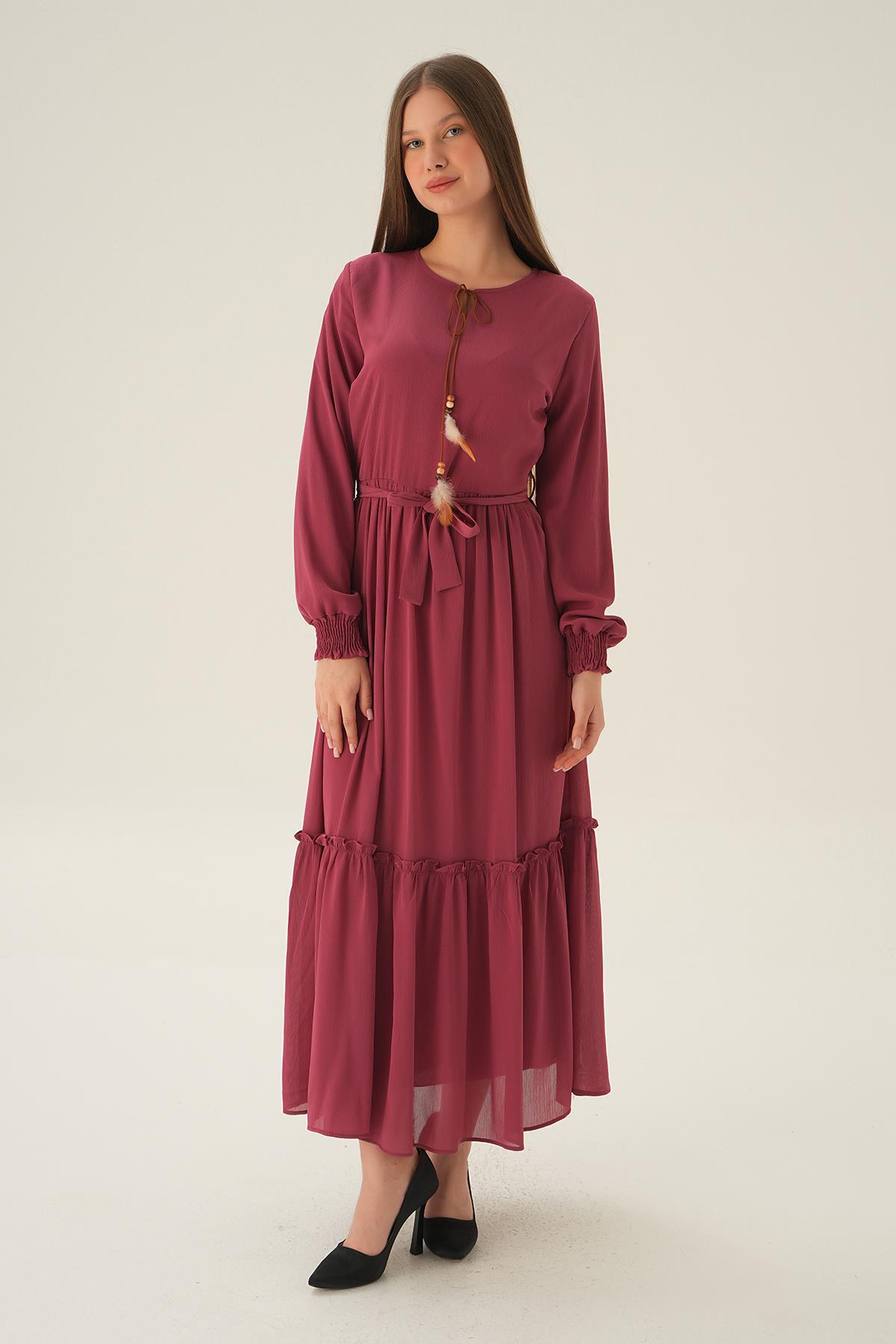 2634 Kol Lastik Uzun Elbise Gül 