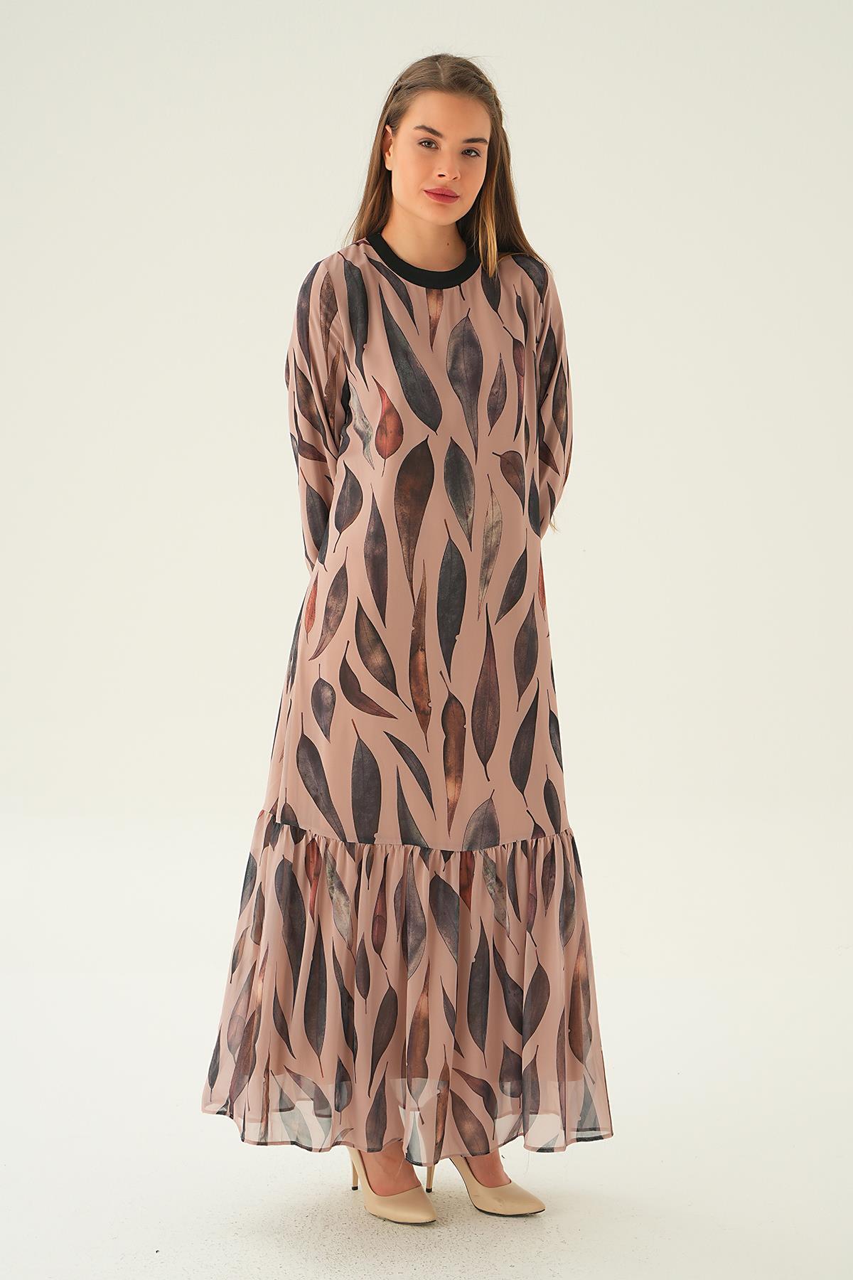 2640-1 Desenli Kol Ribana Elbise Bej - 4