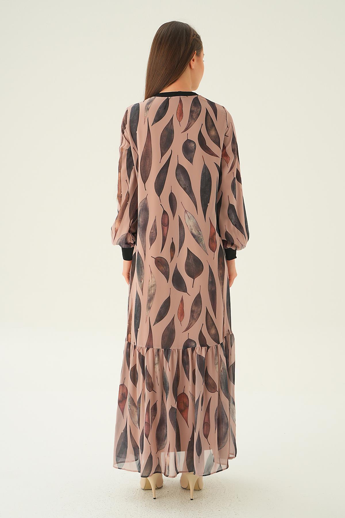 2640-1 Desenli Kol Ribana Elbise Bej - 5