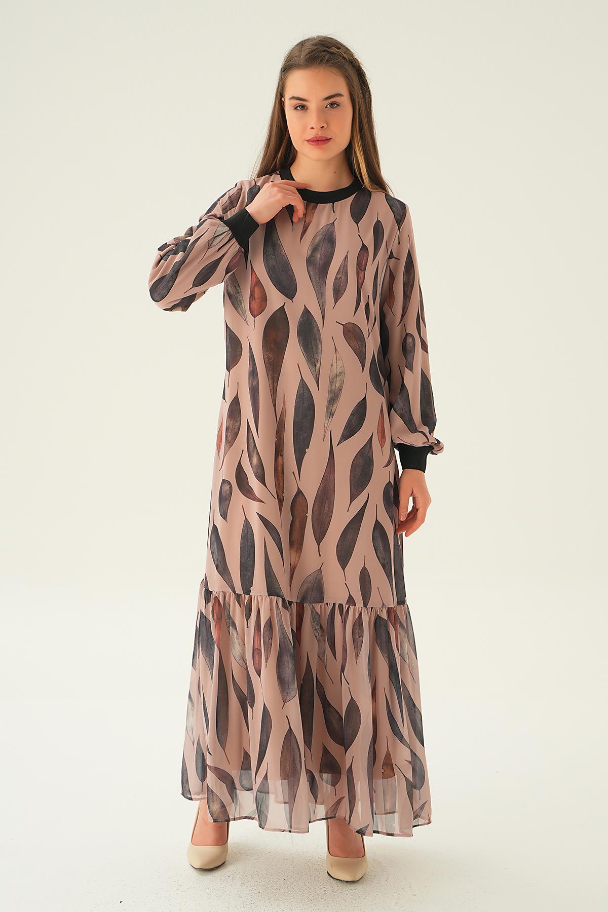 2640-1 Desenli Kol Ribana Elbise Bej - 3