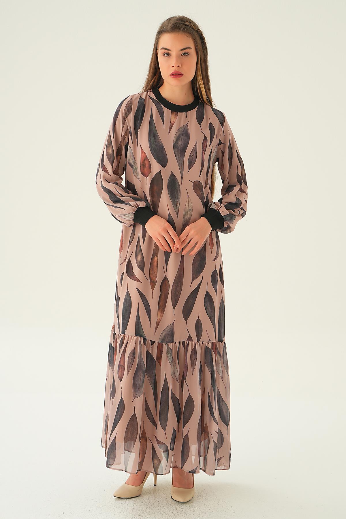 Bej Desenli Kol Ribana Elbise 2640-1 