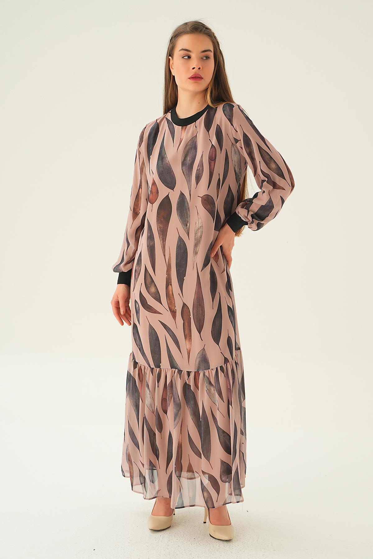 Bej Desenli Kol Ribana Elbise 2640-1 - 2