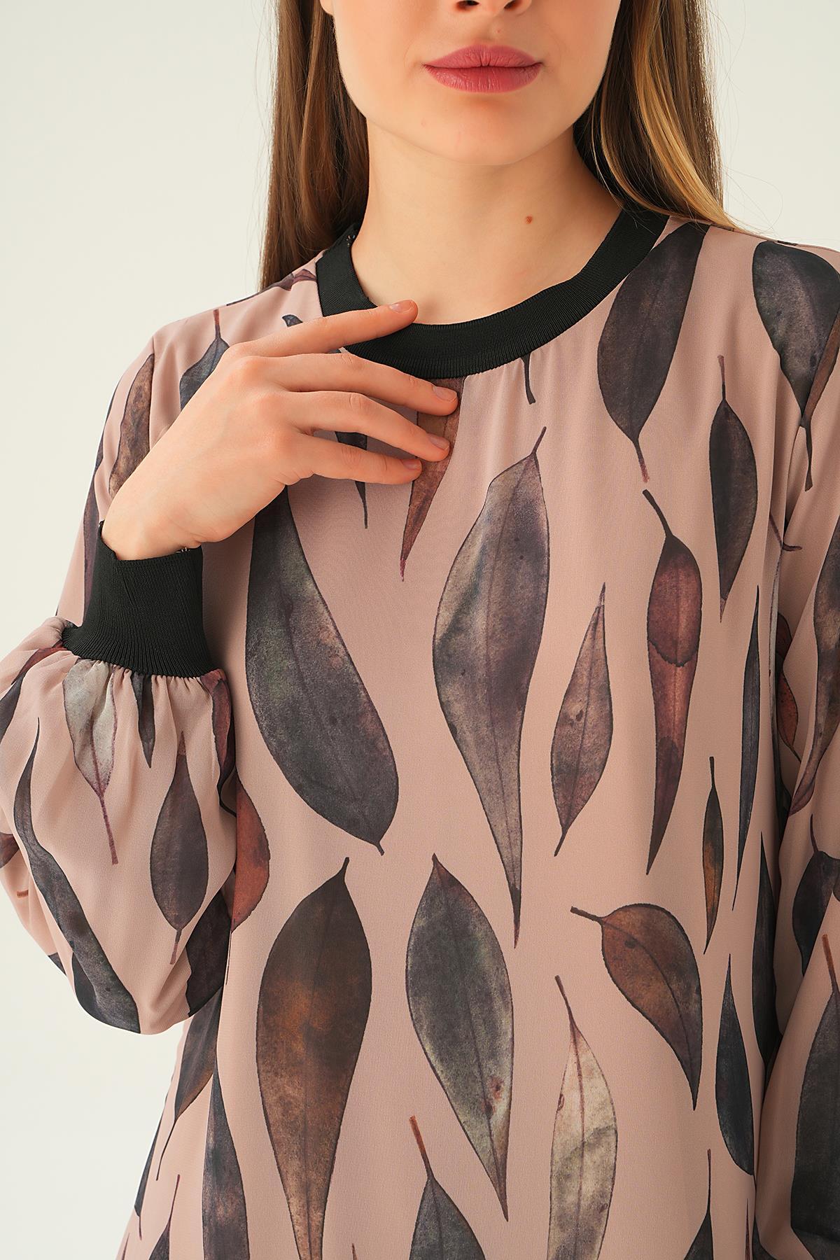 Bej Desenli Kol Ribana Elbise 2640-1 - 6