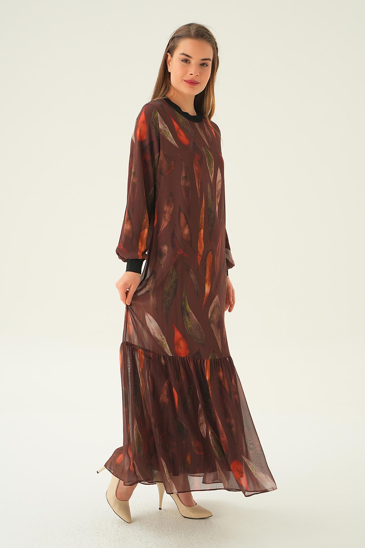 2640-1 Desenli Kol Ribana Elbise Kahve - 5