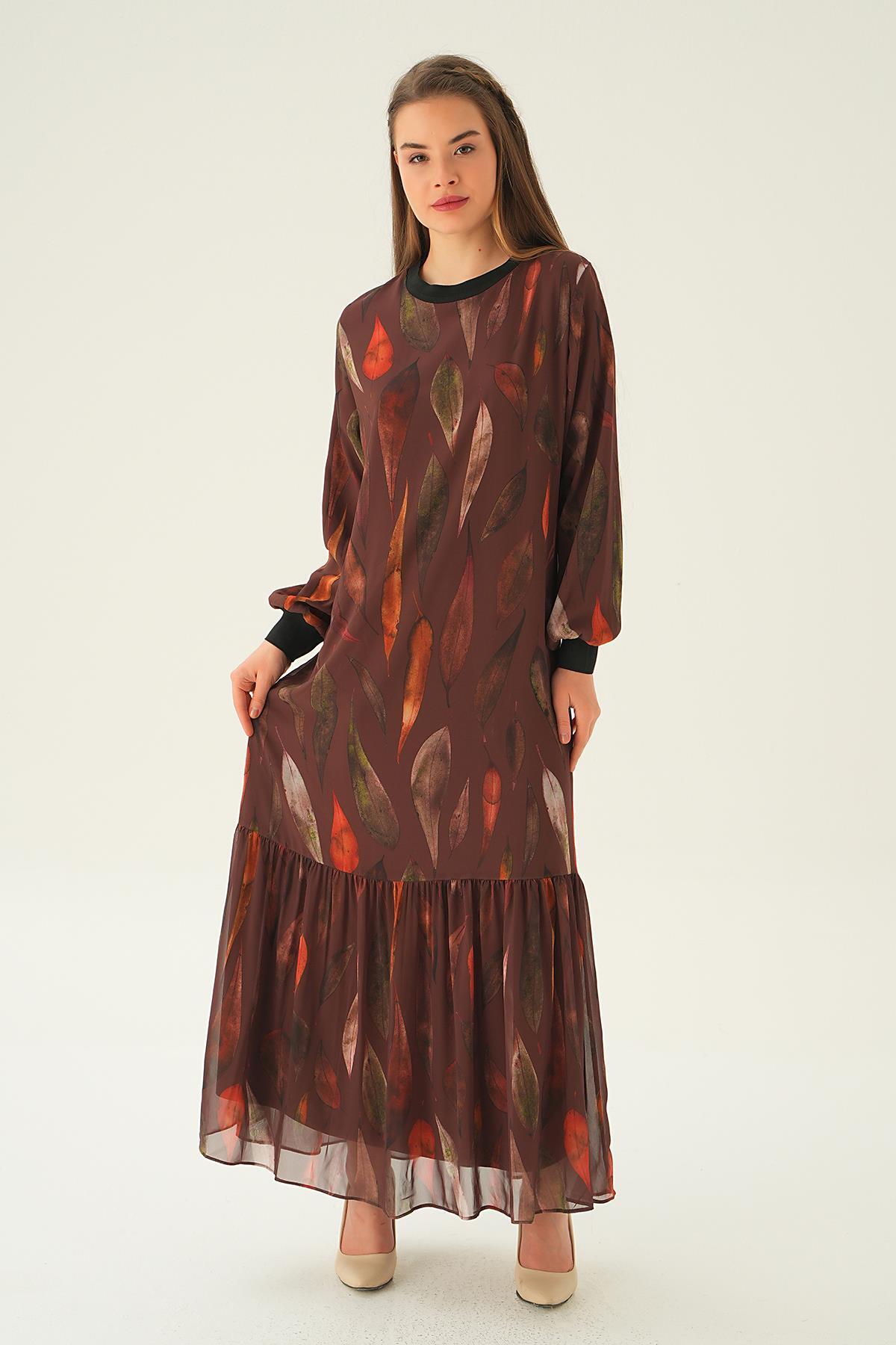 2640-1 Desenli Kol Ribana Elbise Kahve - 2