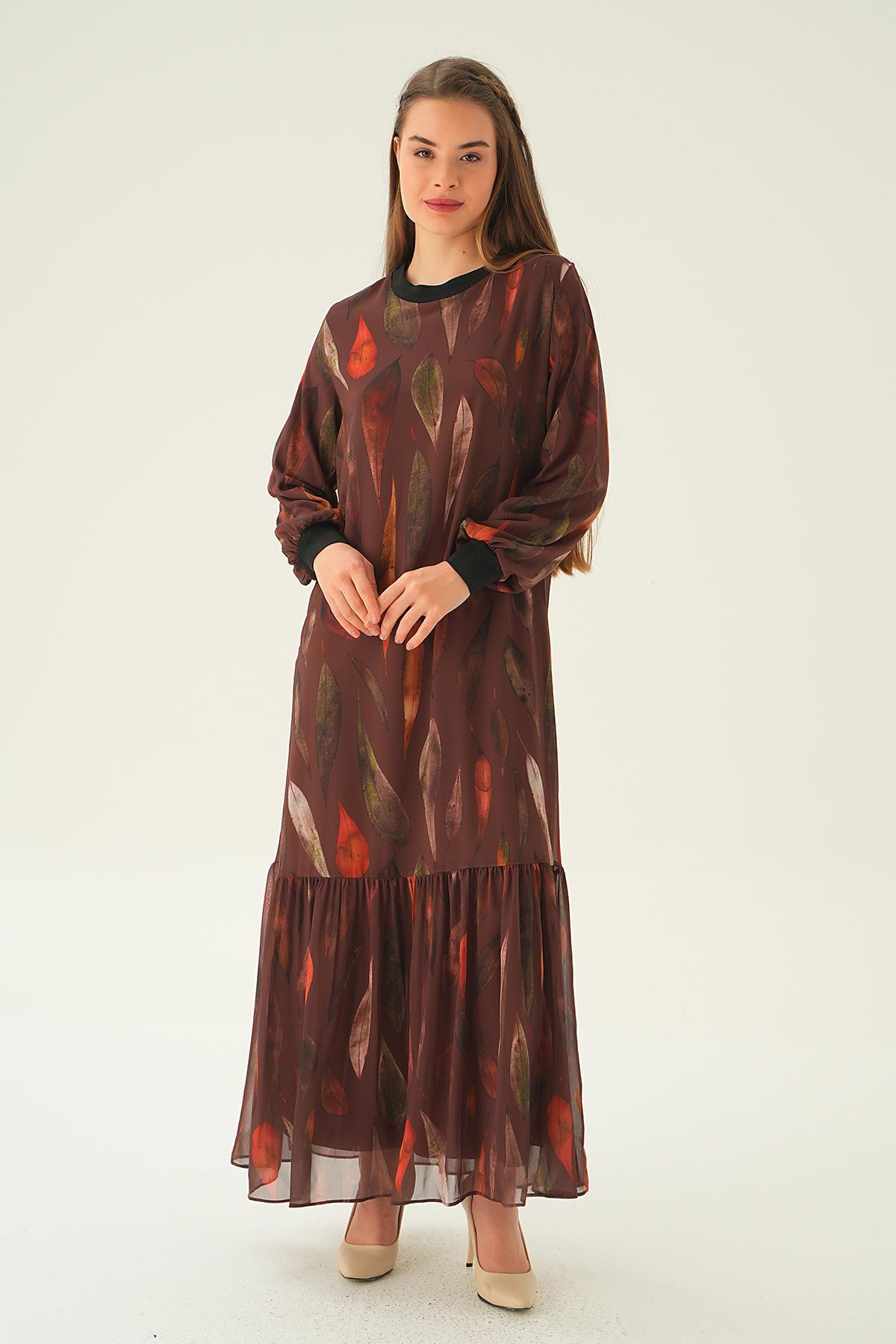 Kahve Desenli Kol Ribana Elbise 2640-1 - 1