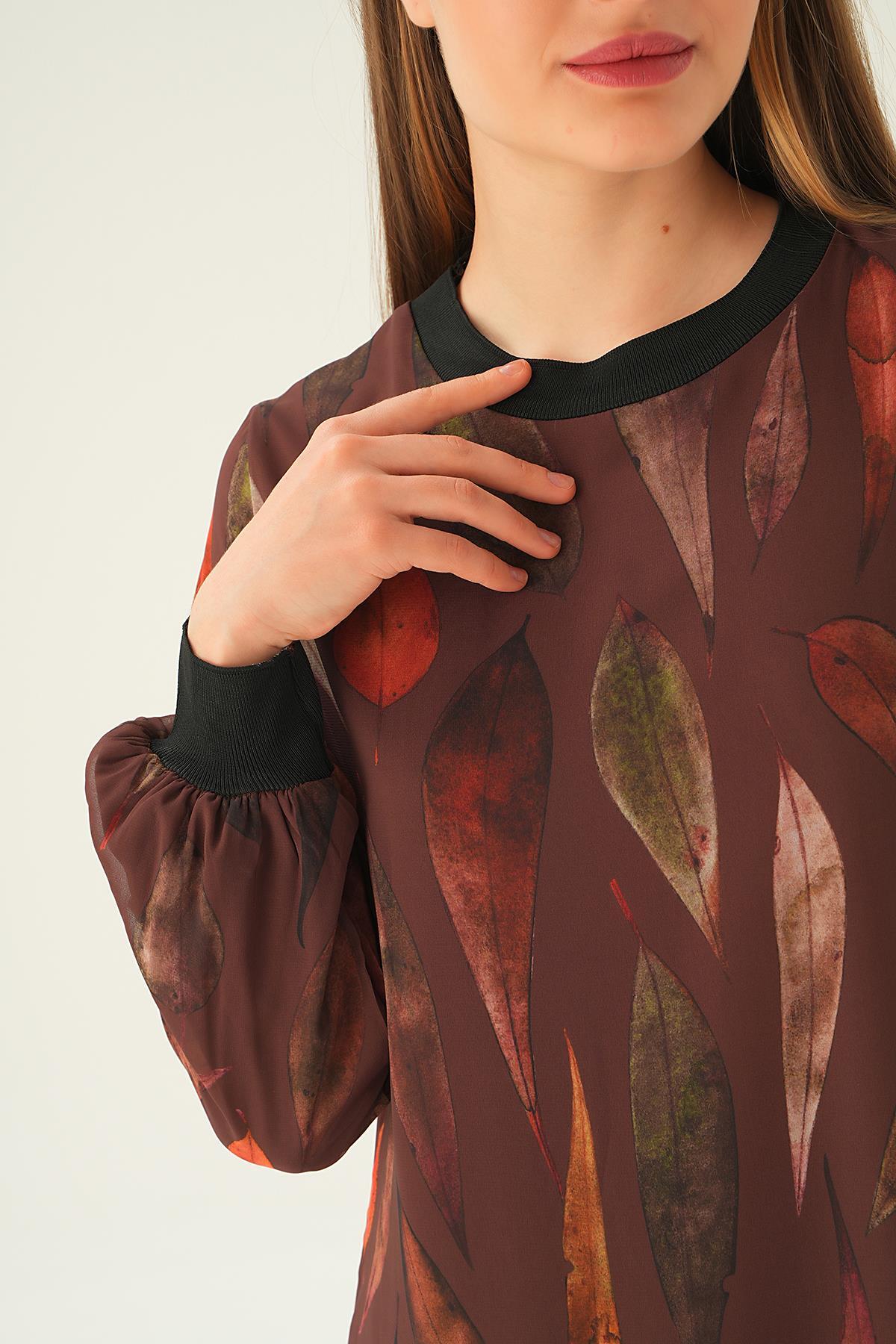 Kahve Desenli Kol Ribana Elbise 2640-1 - 3