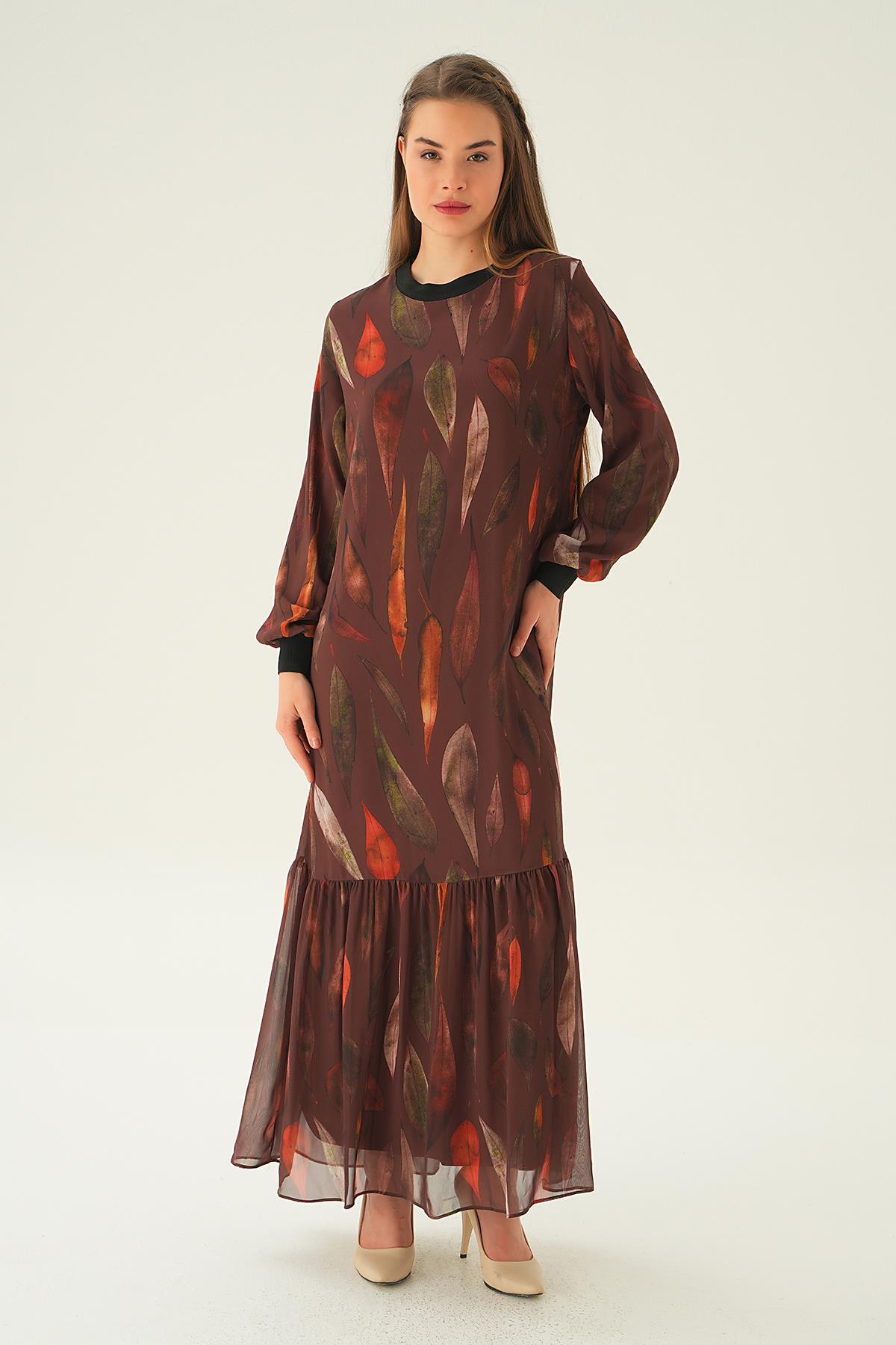 Kahve Desenli Kol Ribana Elbise 2640-1 - 4