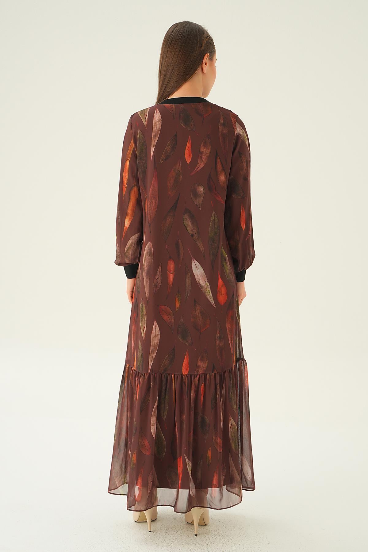 Kahve Desenli Kol Ribana Elbise 2640-1 - 6