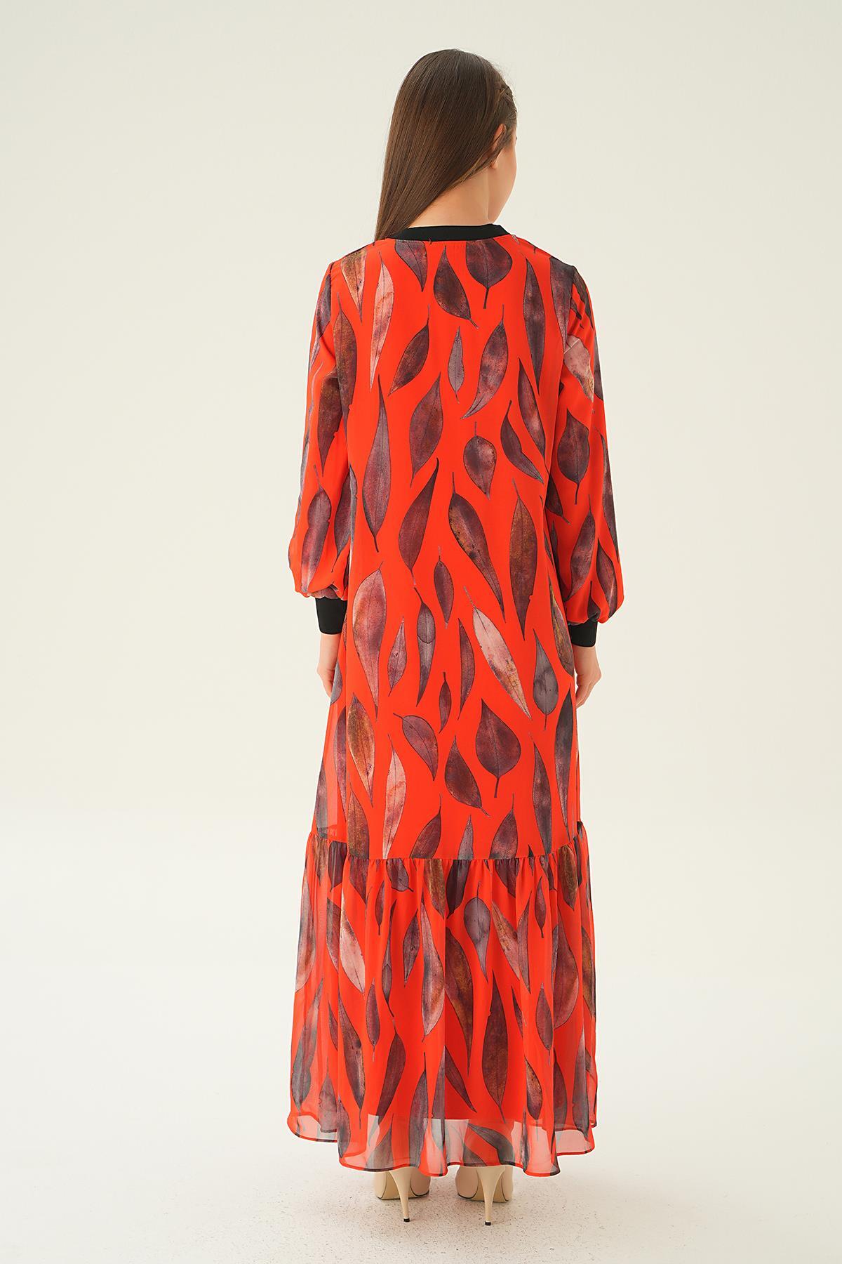 2640-1 Desenli Kol Ribana Elbise Orange - 4