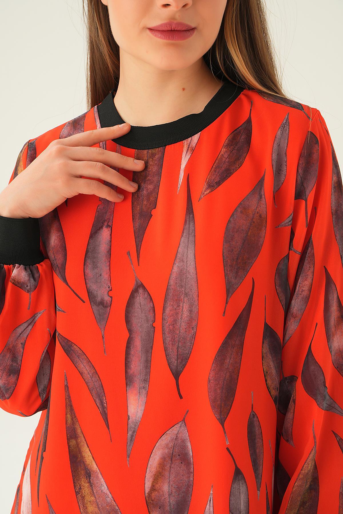 2640-1 Desenli Kol Ribana Elbise Orange - 5