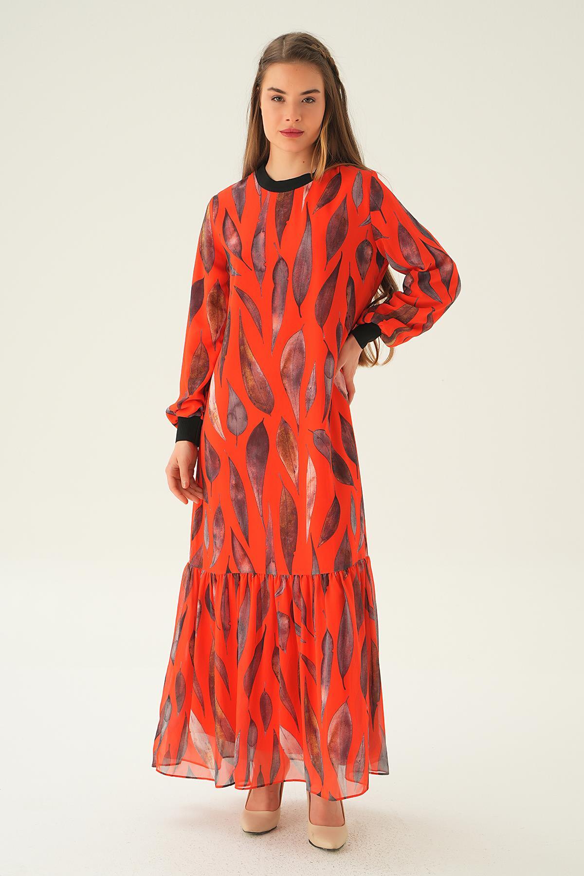 2640-1 Desenli Kol Ribana Elbise Orange 