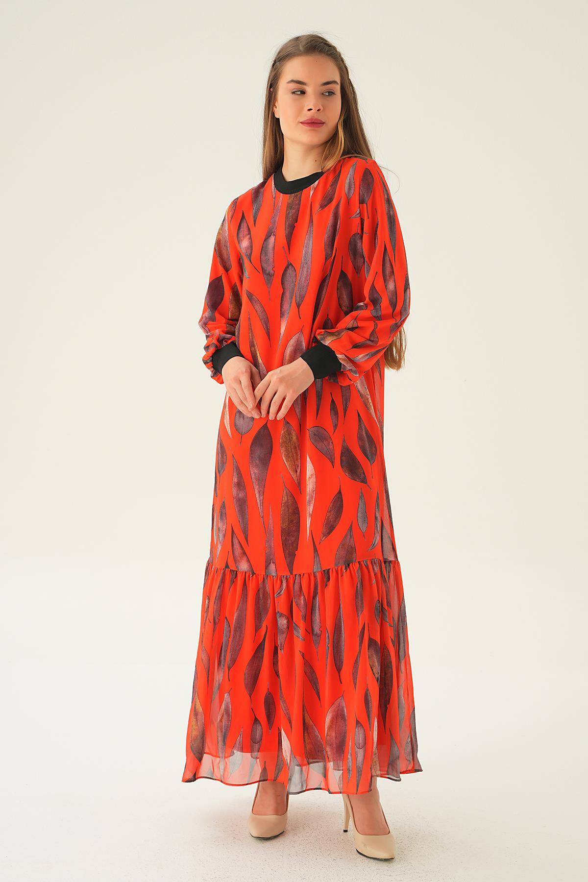 Orange Desenli Kol Ribana Elbise 2640-1 - 2