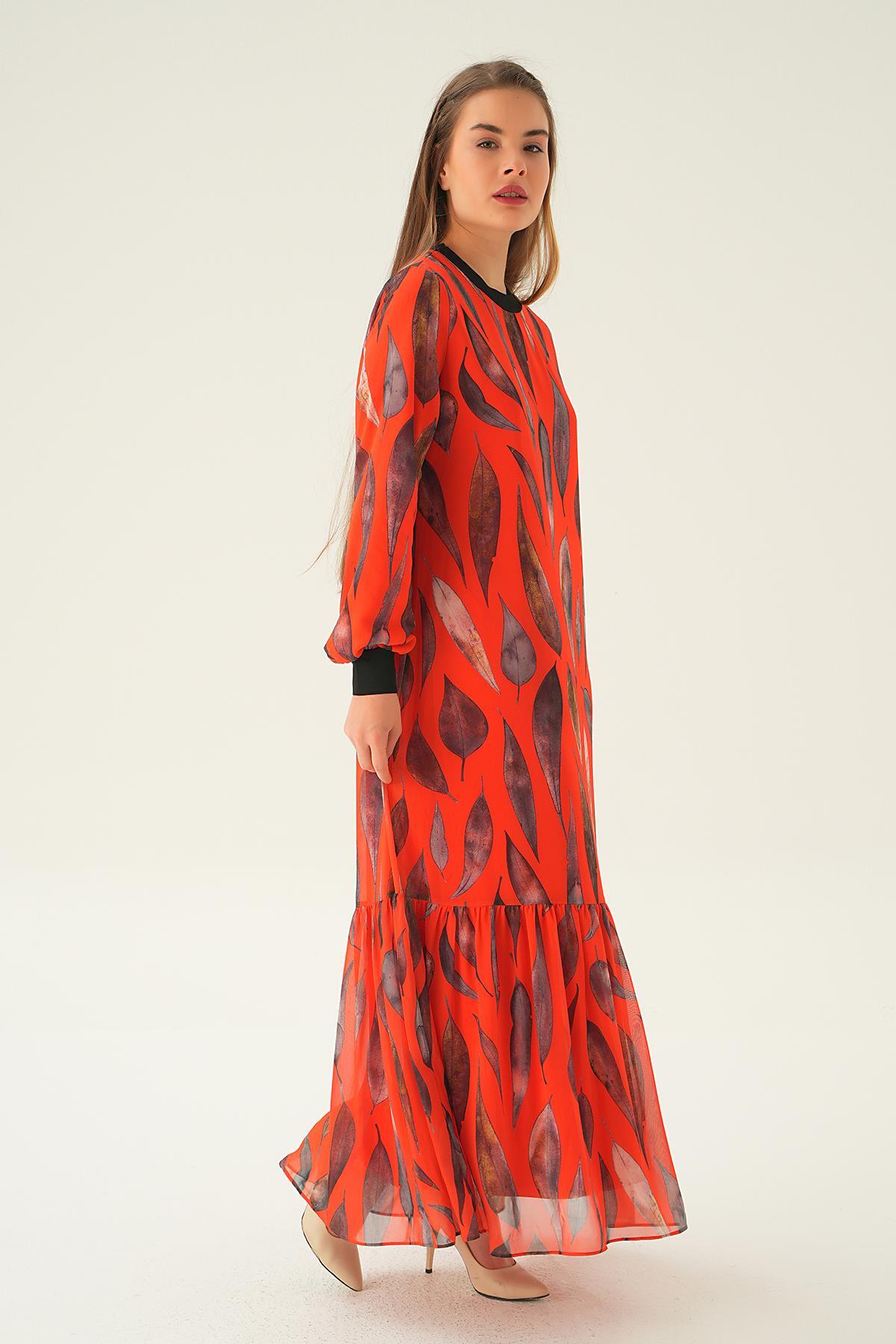 Orange Desenli Kol Ribana Elbise 2640-1 - 3