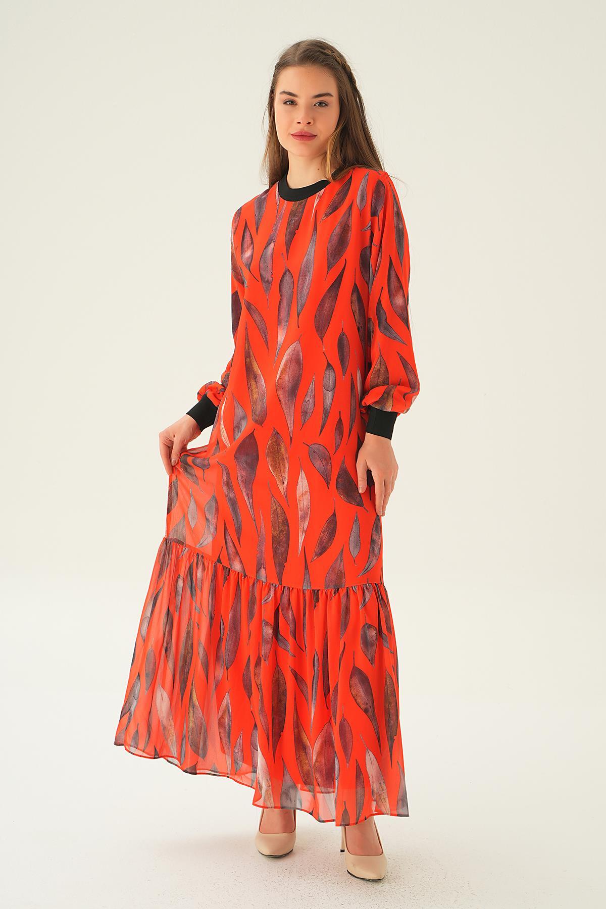 Orange Desenli Kol Ribana Elbise 2640-1 - 6