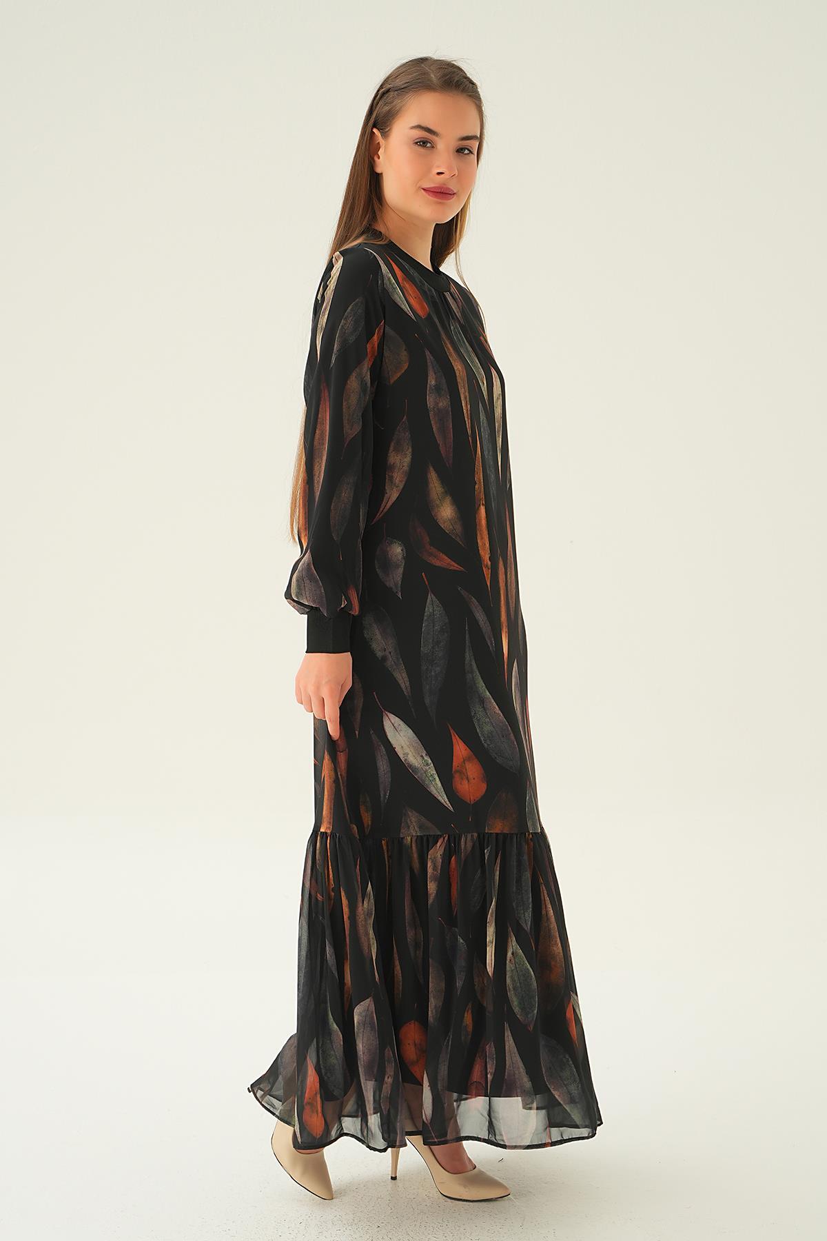 2640-1 Desenli Kol Ribana Elbise Siyah - 3