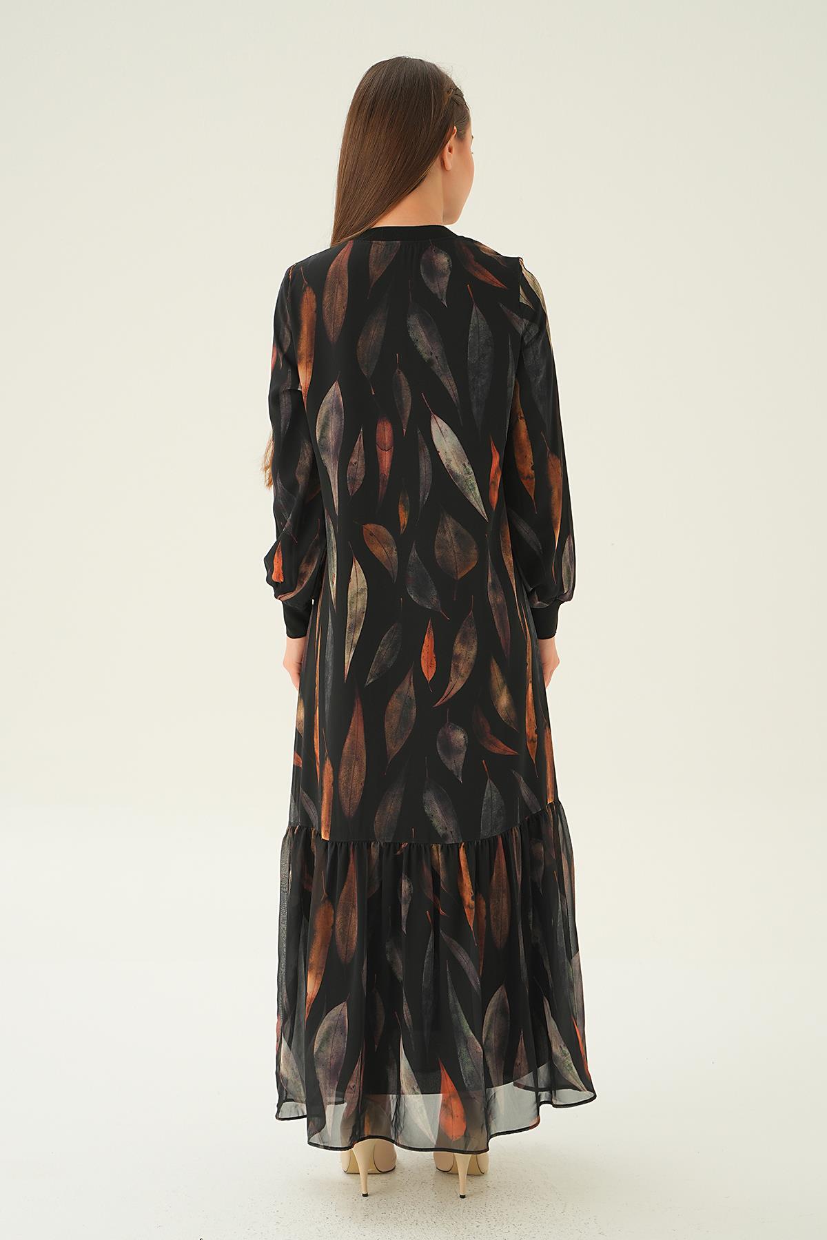 2640-1 Desenli Kol Ribana Elbise Siyah - 4