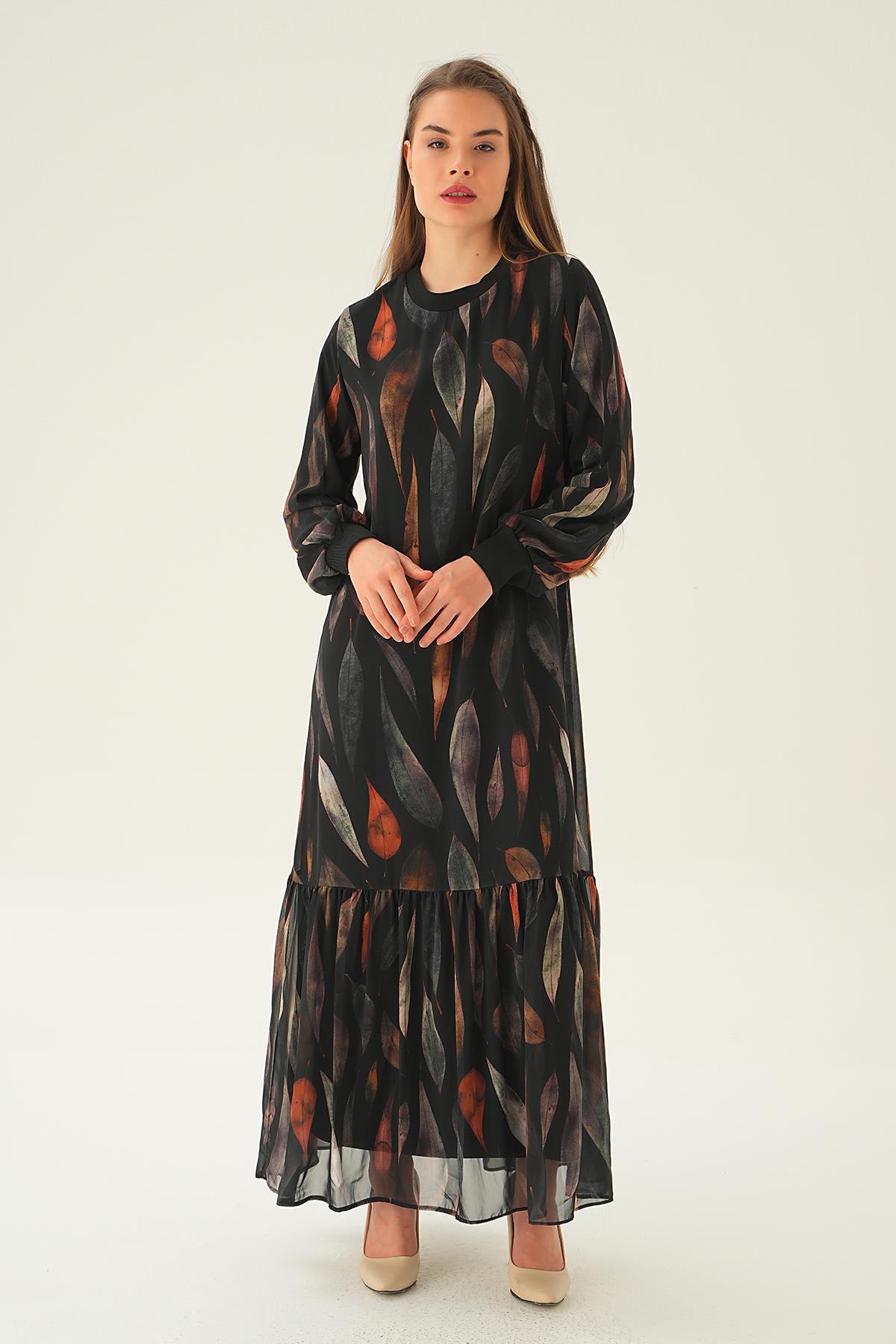 2640-1 Desenli Kol Ribana Elbise Siyah - 1