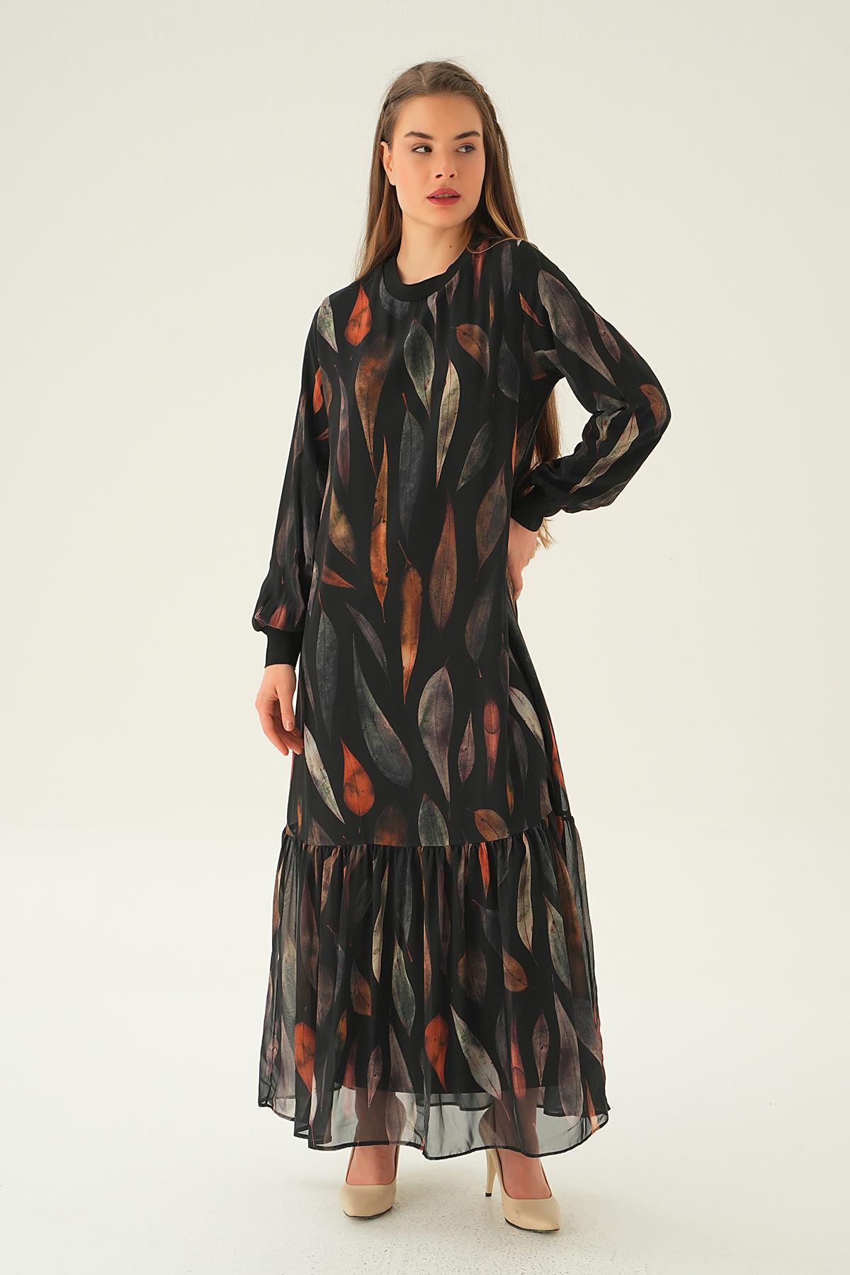 2640-1 Desenli Kol Ribana Elbise Siyah - 2