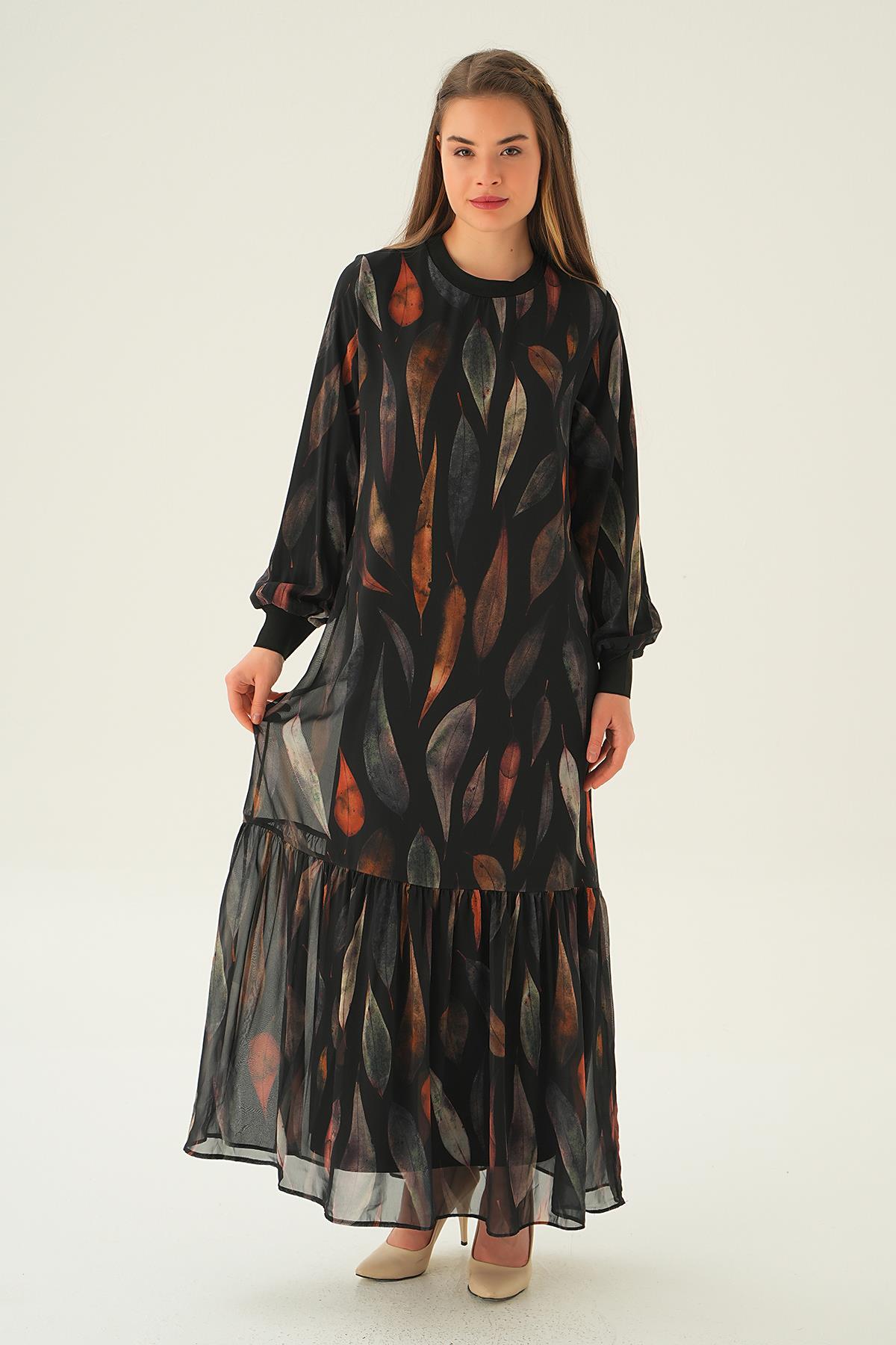 Siyah Desenli Kol Ribana Elbise 2640-1 - 6