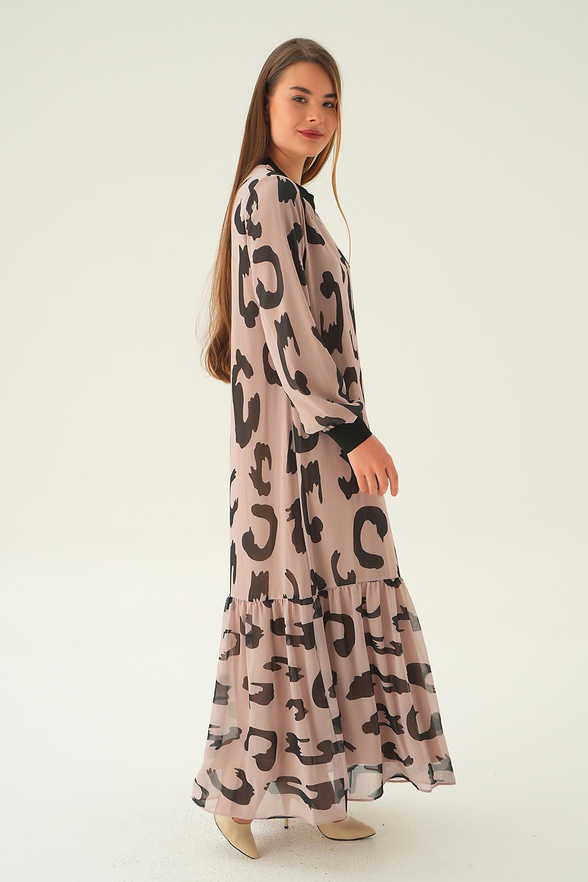 2640 Bisiklet Yaka Desenli Elbise Bej - 3