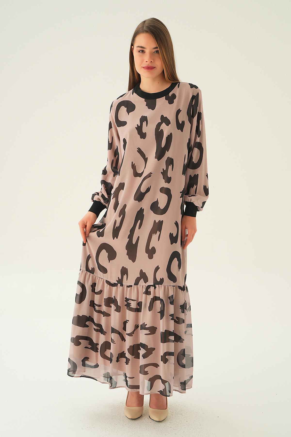 2640 Bisiklet Yaka Desenli Elbise Bej - 6