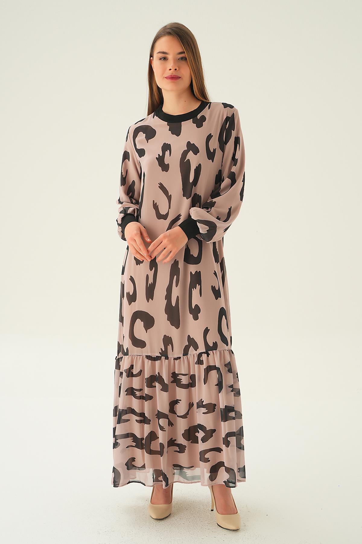 Bej Bisiklet Yaka Desenli Elbise 2640 - 1