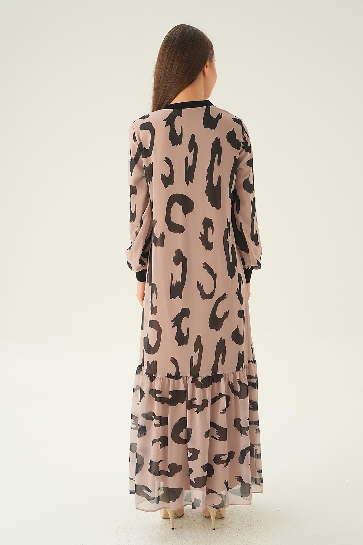 Bej Bisiklet Yaka Desenli Elbise 2640 - 4