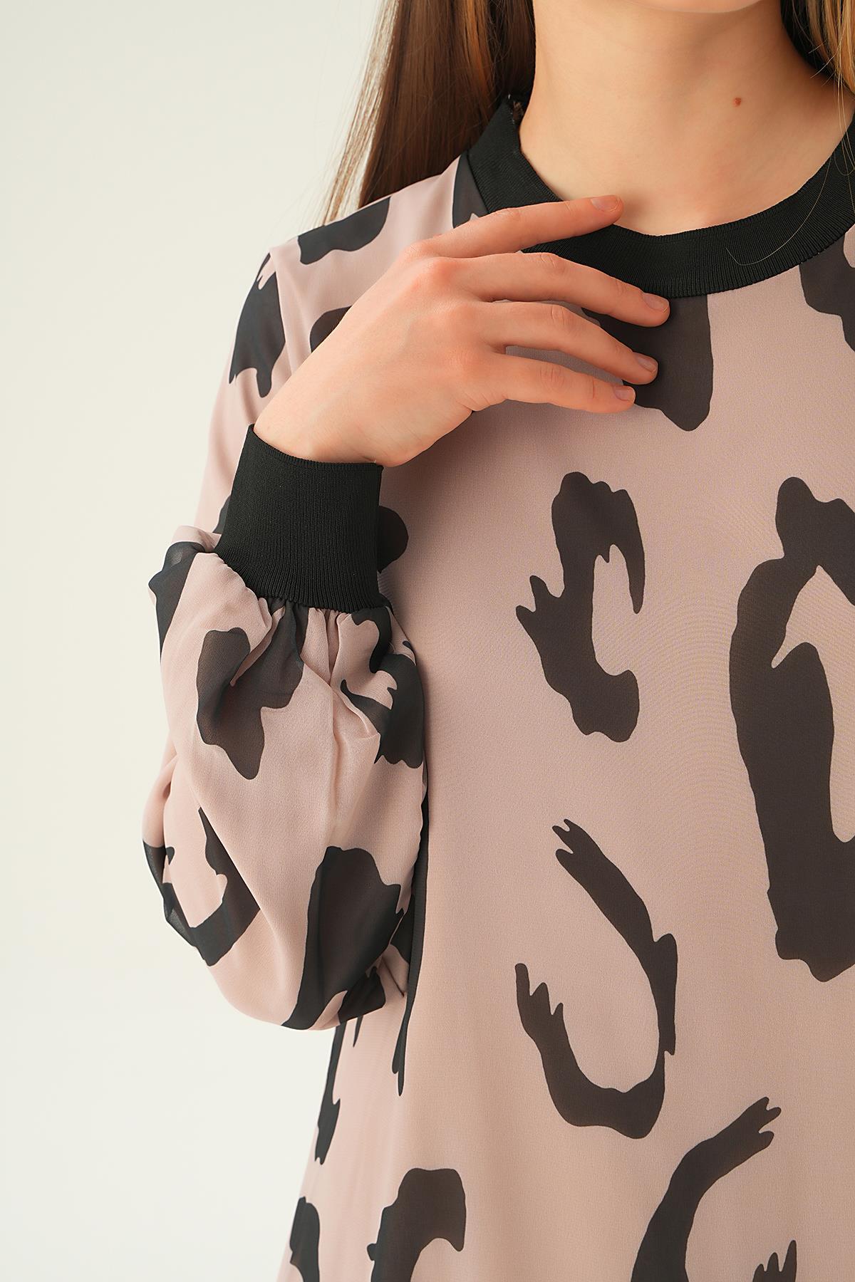 Bej Bisiklet Yaka Desenli Elbise 2640 - 5