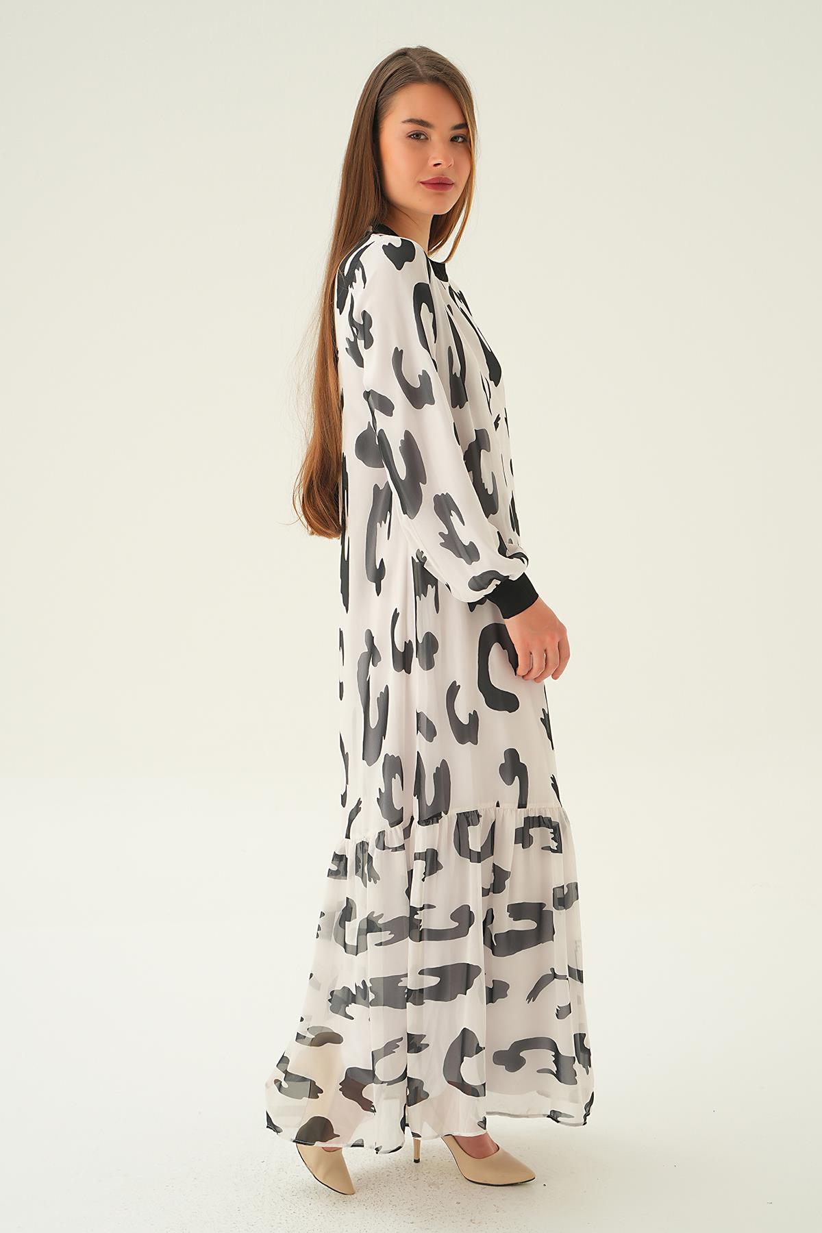 2640 Bisiklet Yaka Desenli Elbise Beyaz - 4