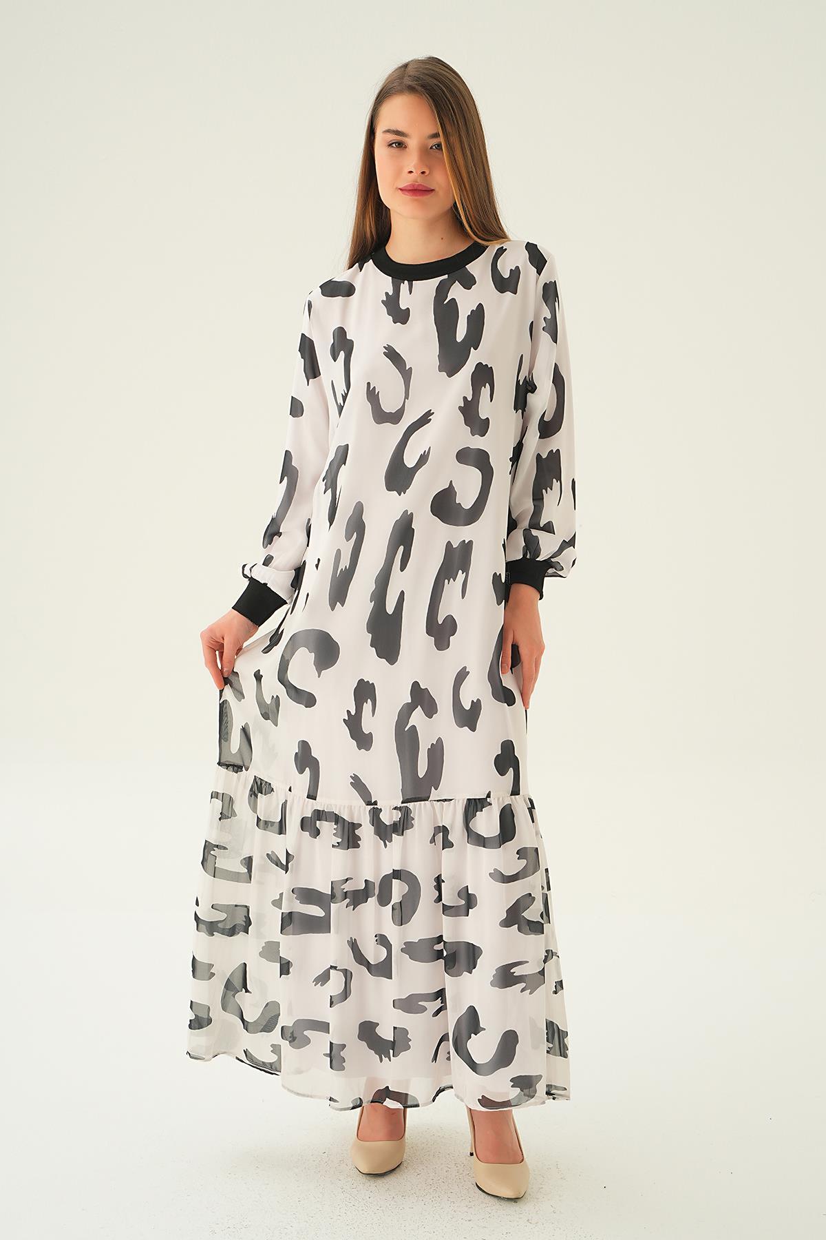 2640 Bisiklet Yaka Desenli Elbise Beyaz - 6