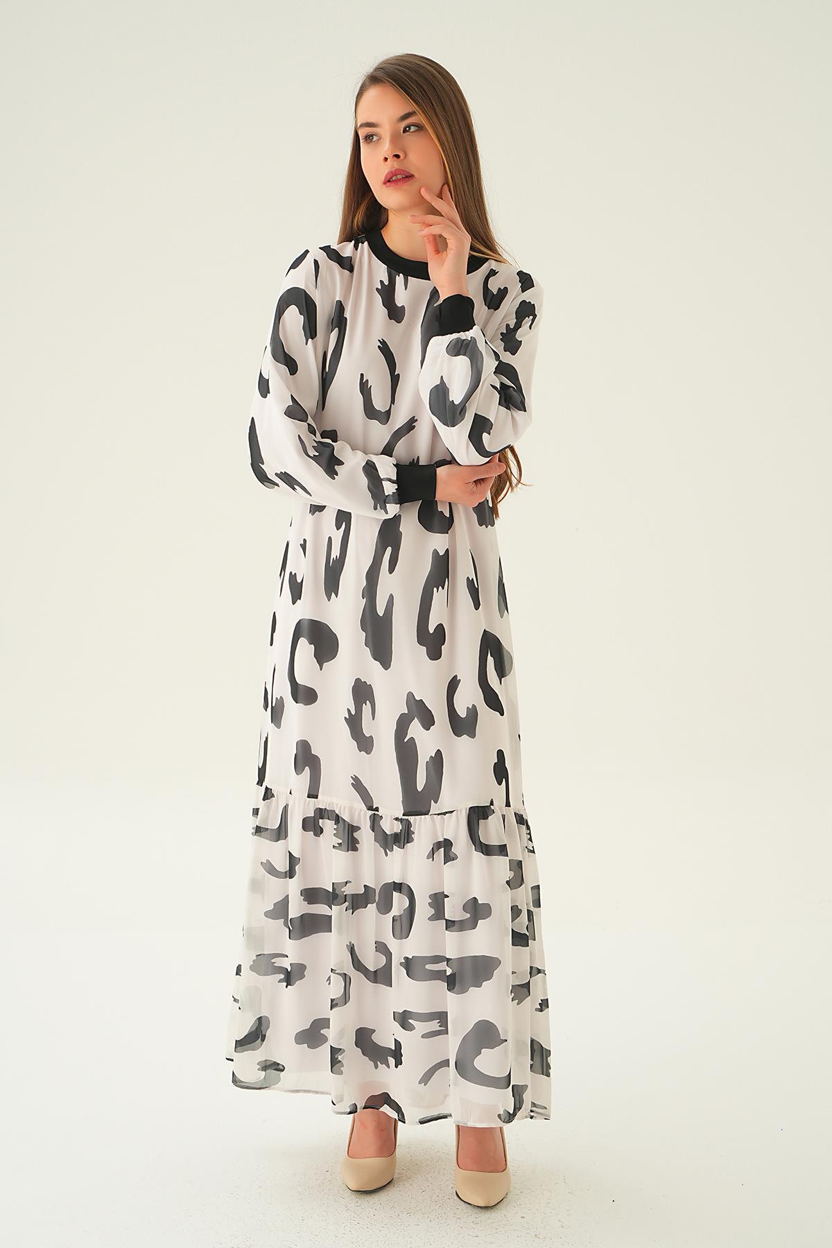 2640 Bisiklet Yaka Desenli Elbise Beyaz - 3