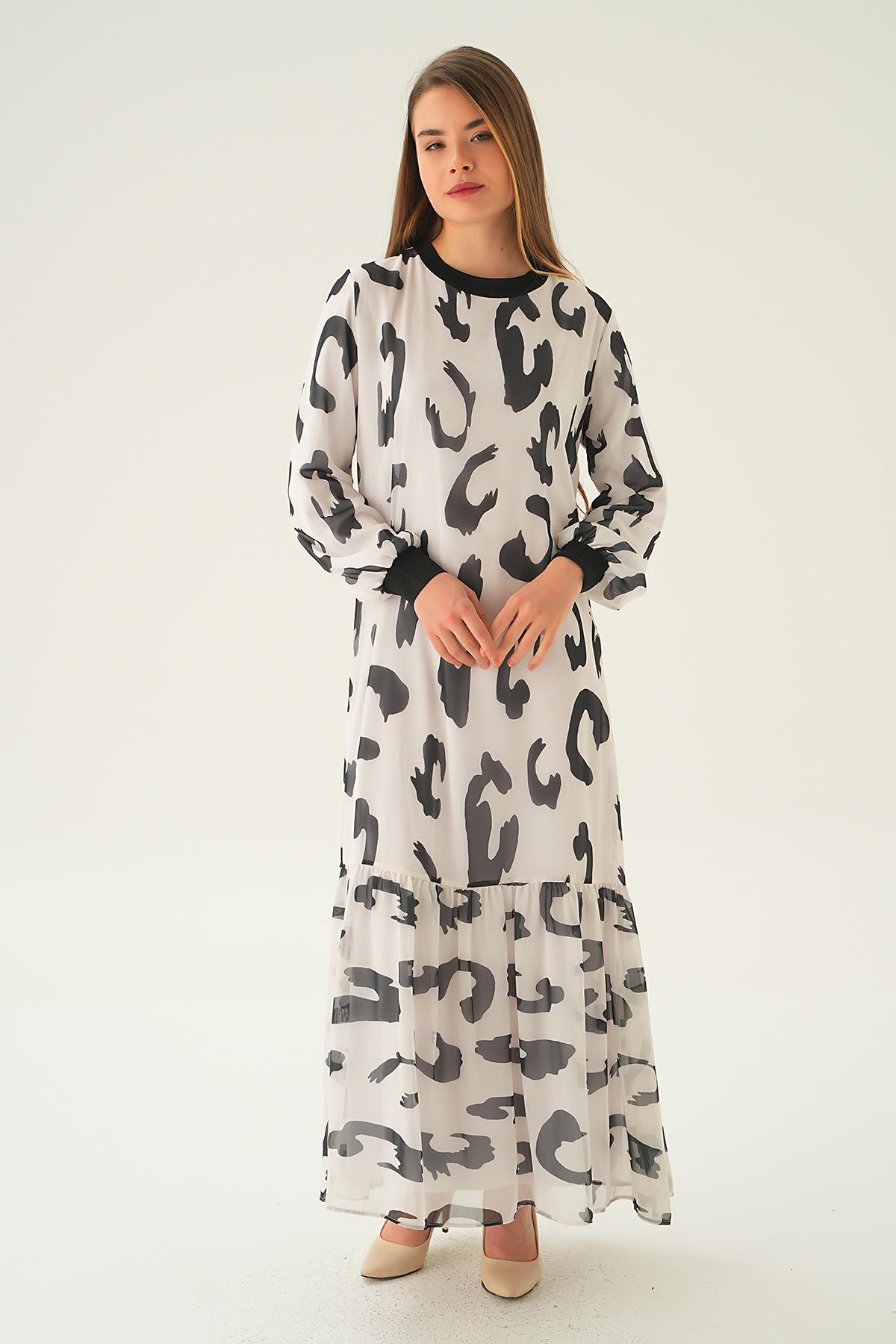 Beyaz Bisiklet Yaka Desenli Elbise 2640 - 1