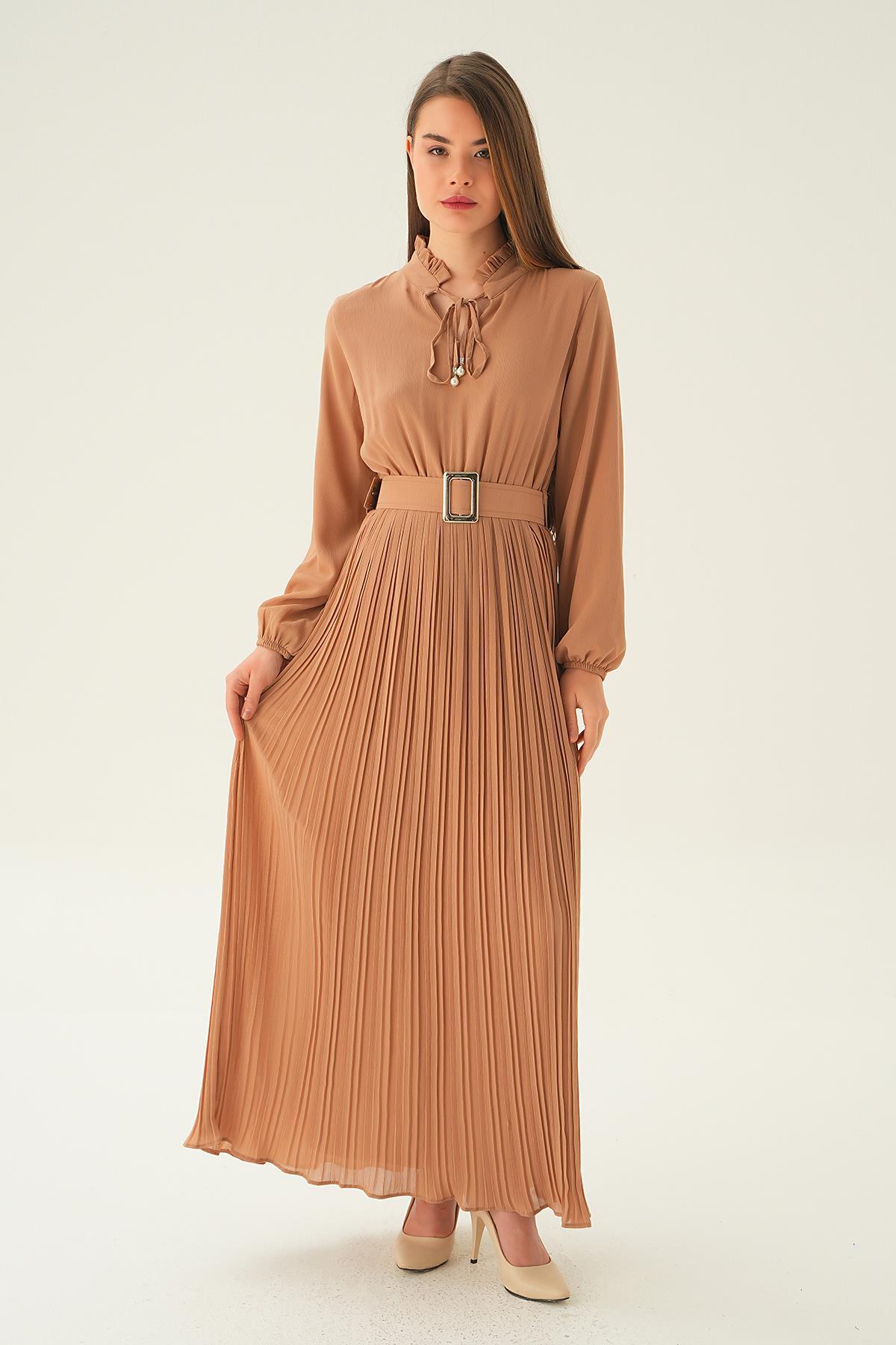 2641 Pliseli Uzun Elbise Bej - 2