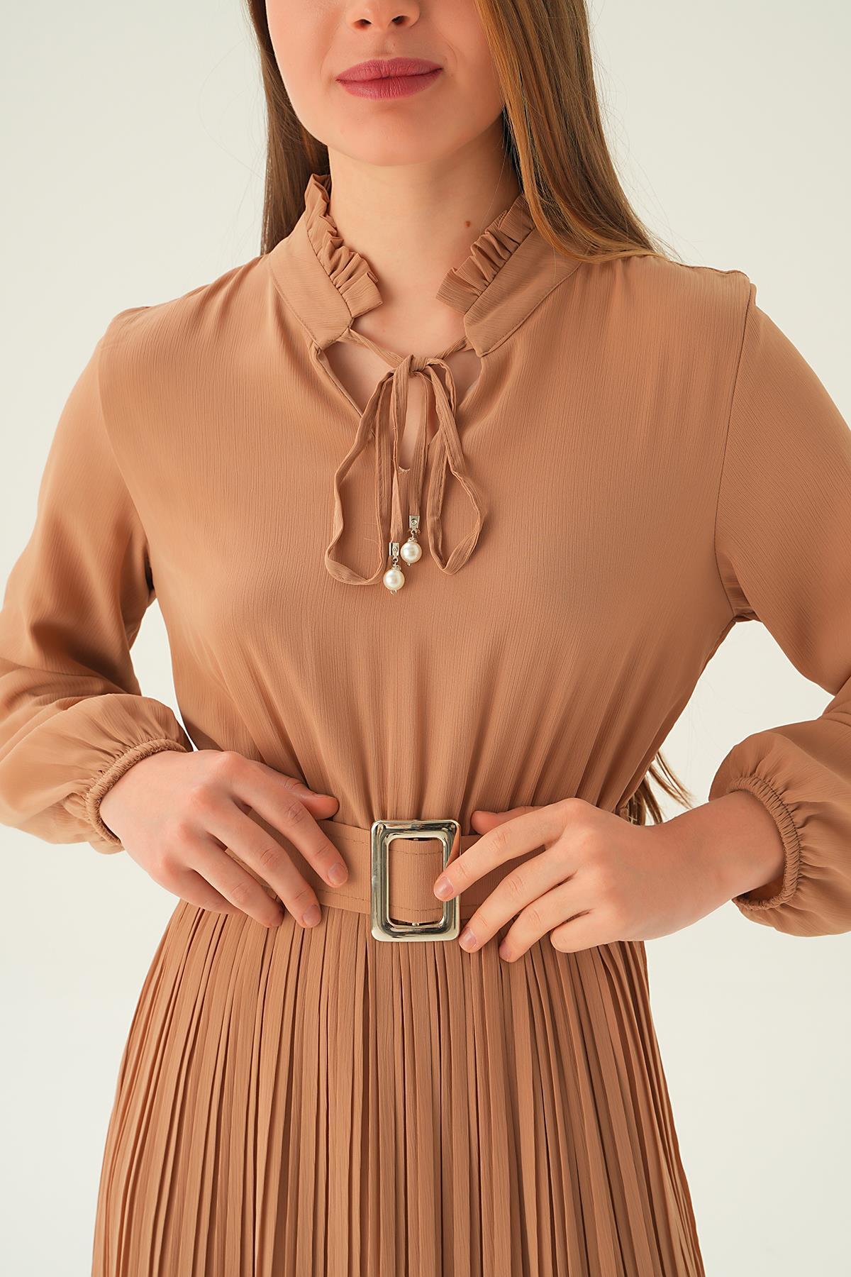 2641 Pliseli Uzun Elbise Bej - 6