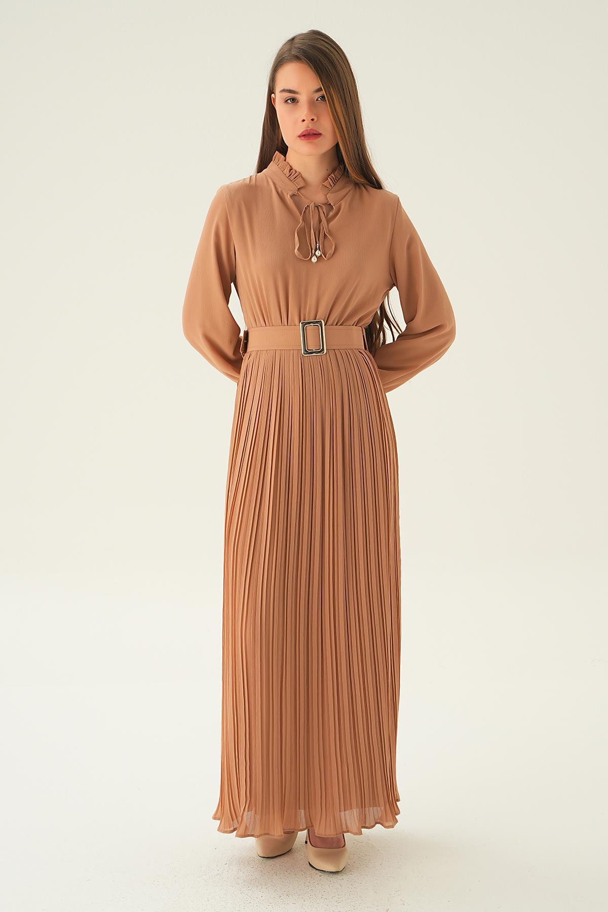 Bej Pliseli Uzun Elbise 2641 - 3